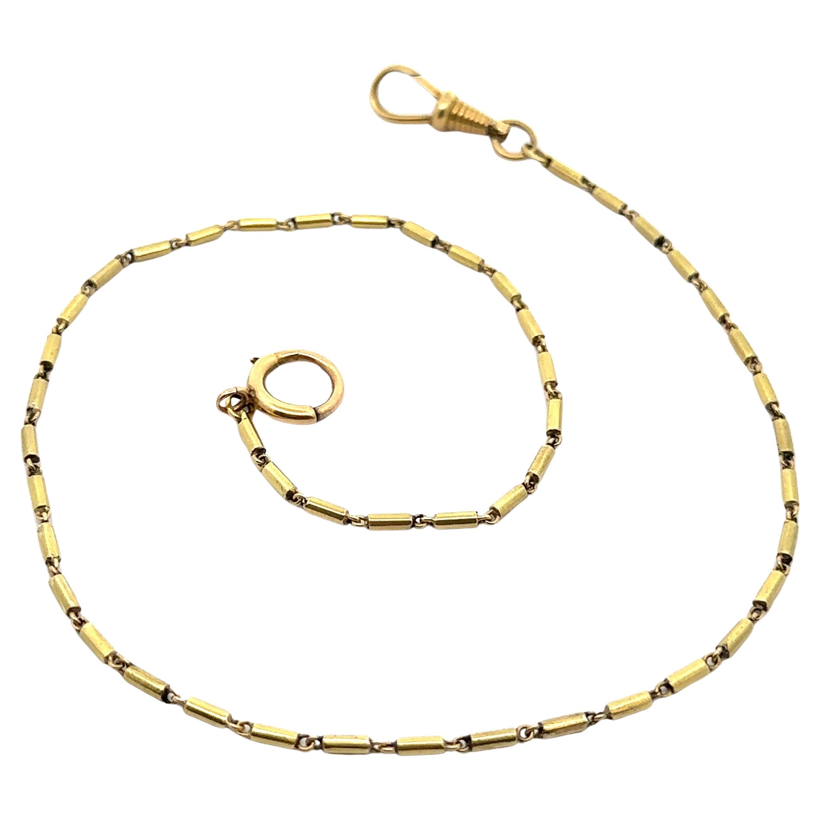 Antique Yellow Gold Cylinder Tube Link Cylinder Tube Link Pocket Watch Chain Necklace 15" (Chaîne de montre de poche en or jaune)