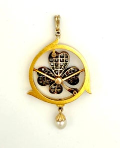 Antique Yellow Gold 15K Platinum Pendant Four Leaf Clover Diamond Pearl