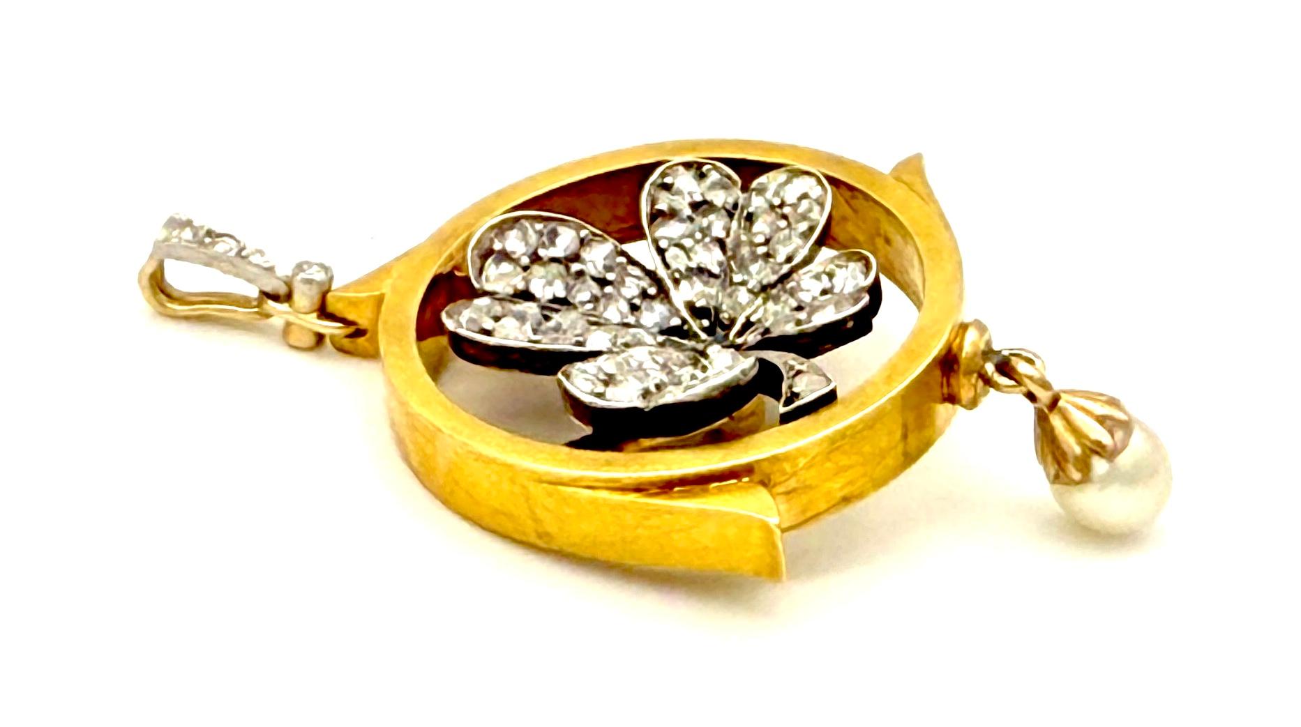 Colgante Antiguo Oro Amarillo 15K Platino Trébol Cuatro Hojas Diamante Perla Belle Époque en venta