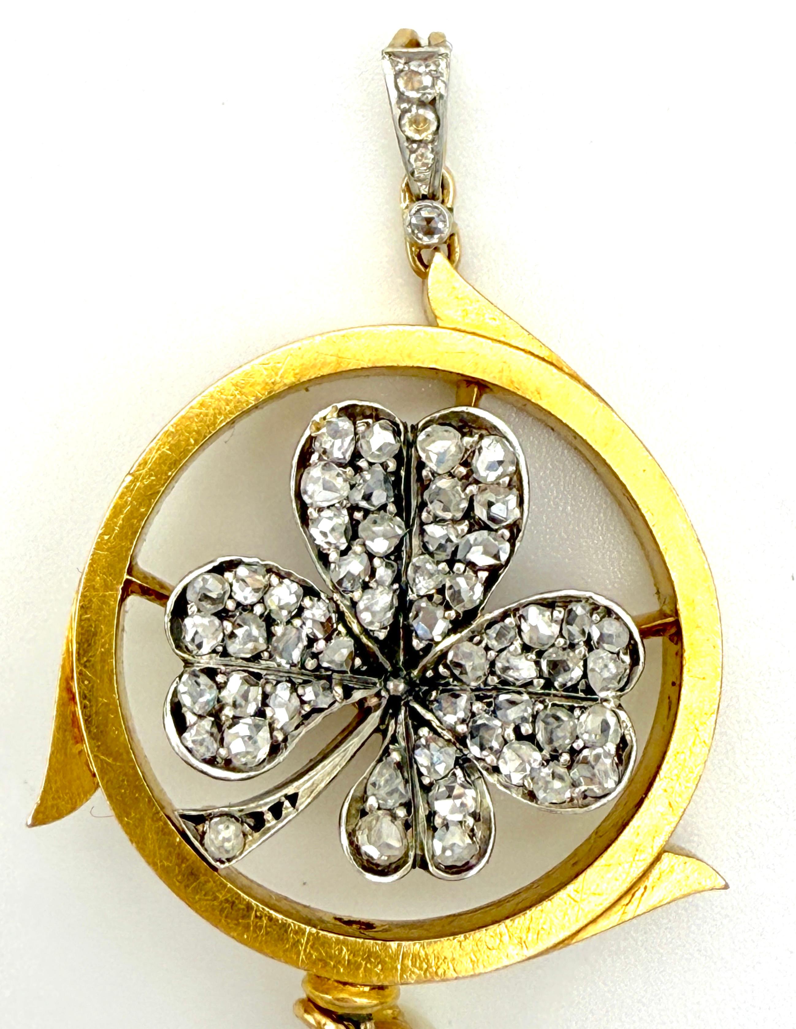 Colgante Antiguo Oro Amarillo 15K Platino Trébol Cuatro Hojas Diamante Perla Corte rosa en venta