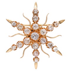 Antique Yellow Gold 2.46tcw Old Mine Cut Diamond Starburst Pendant Brooch