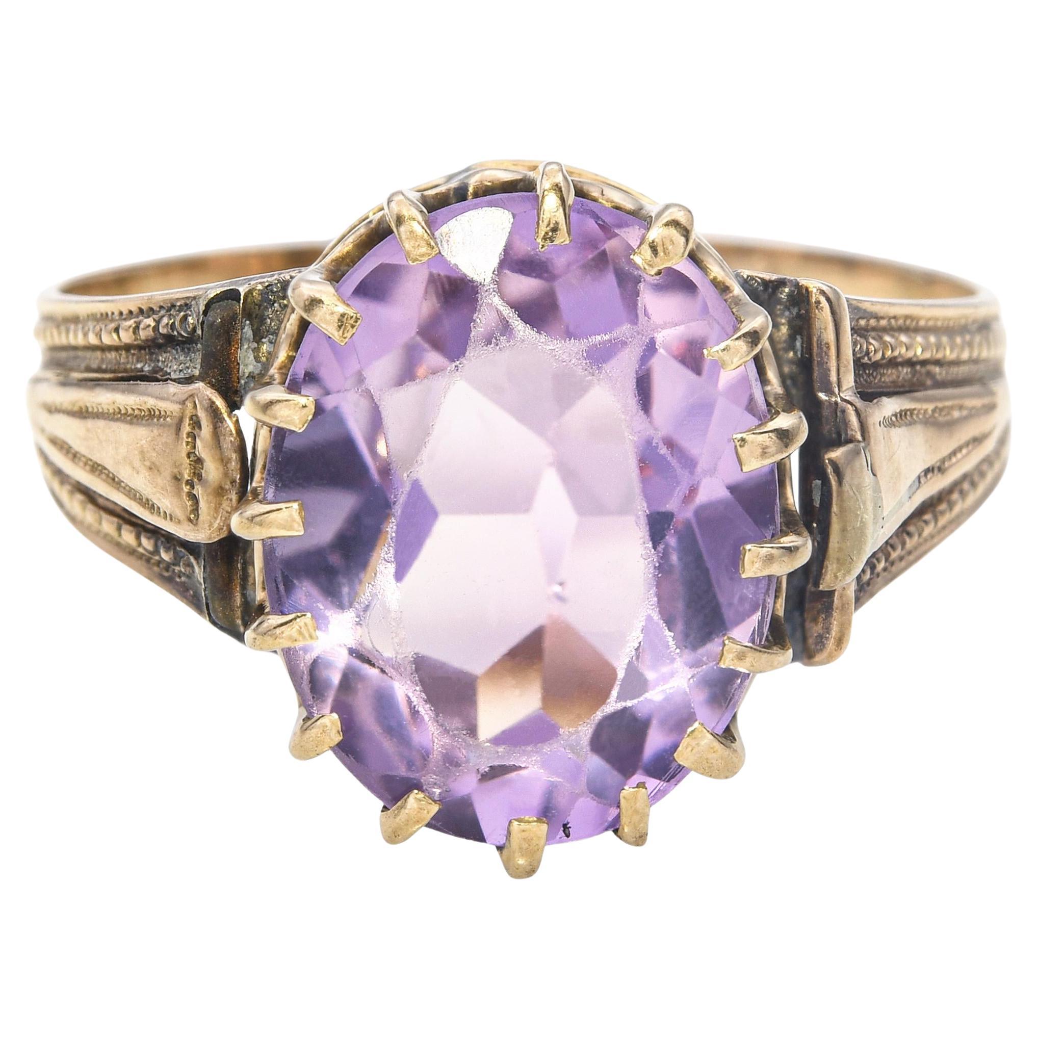 Antique Yellow Gold 4.15ct Amethyst Engraved Ring