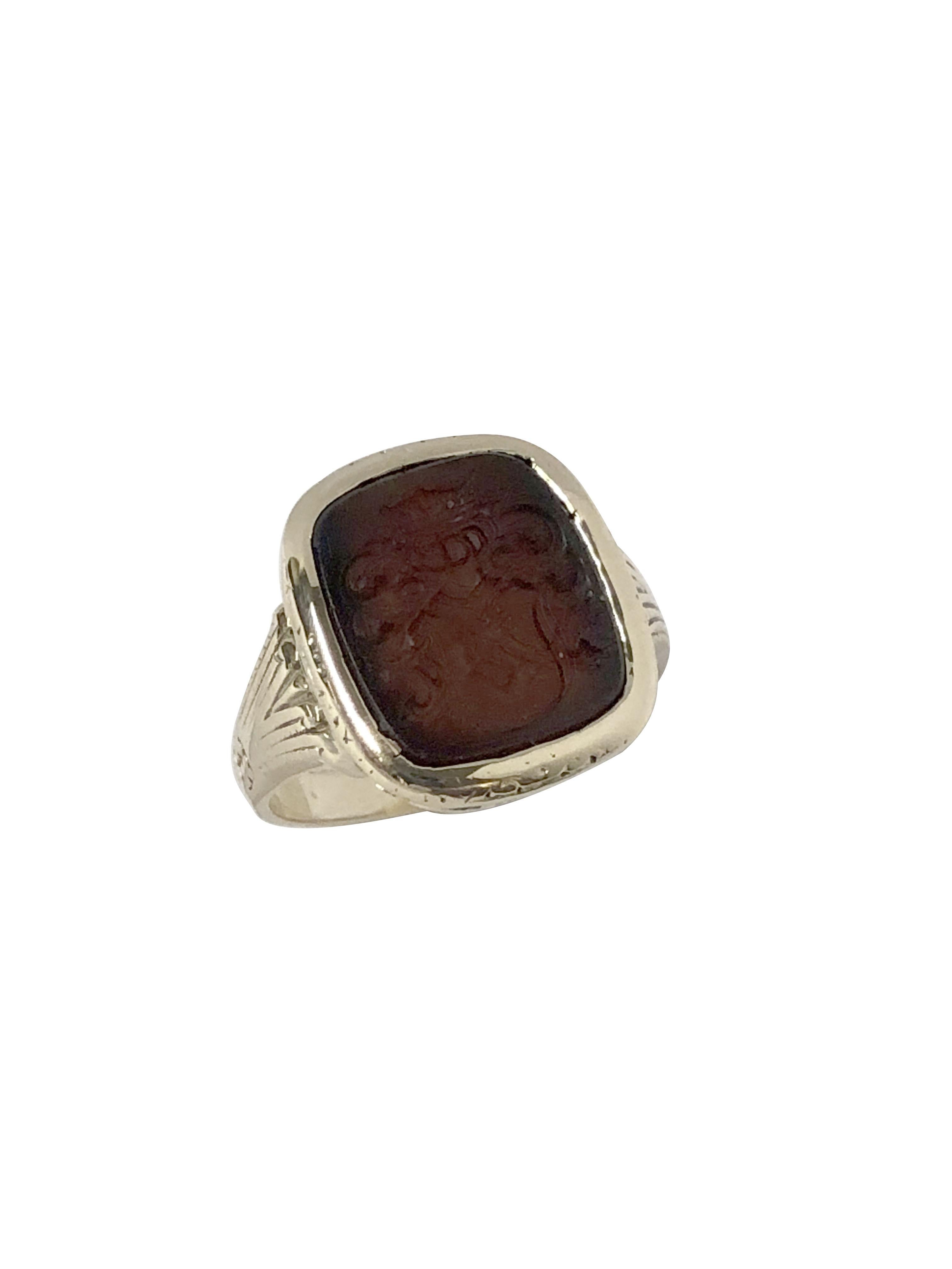 Edwardian Antique Yellow Gold and Carnelian Intaglio Crest Ring  For Sale