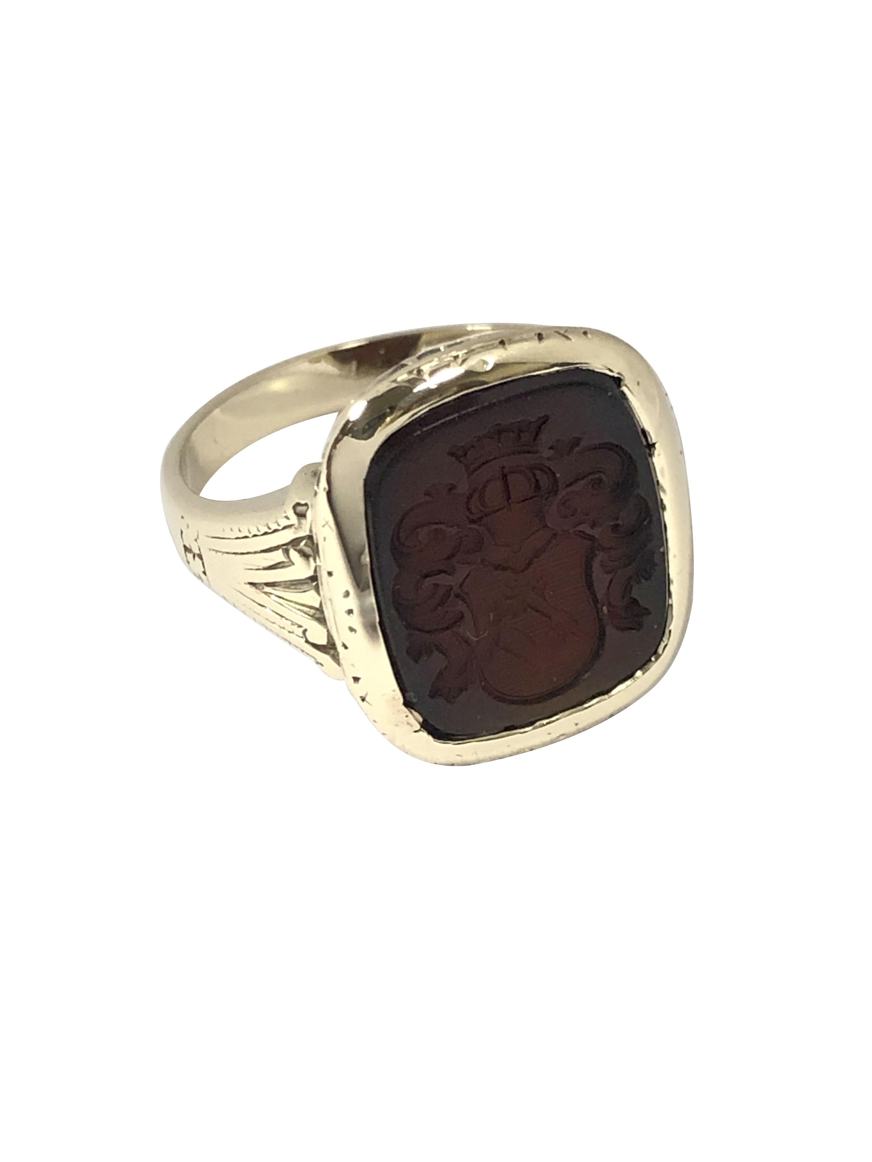 Cabochon Antique Yellow Gold and Carnelian Intaglio Crest Ring  For Sale