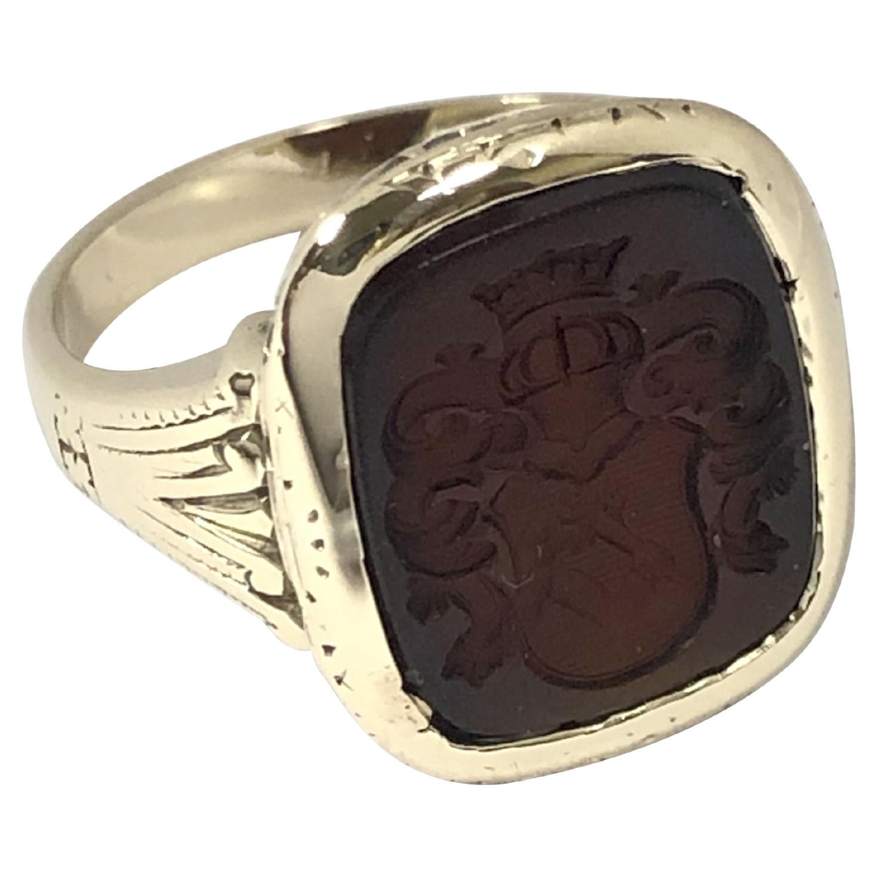 Antique Yellow Gold and Carnelian Intaglio Crest Ring  For Sale