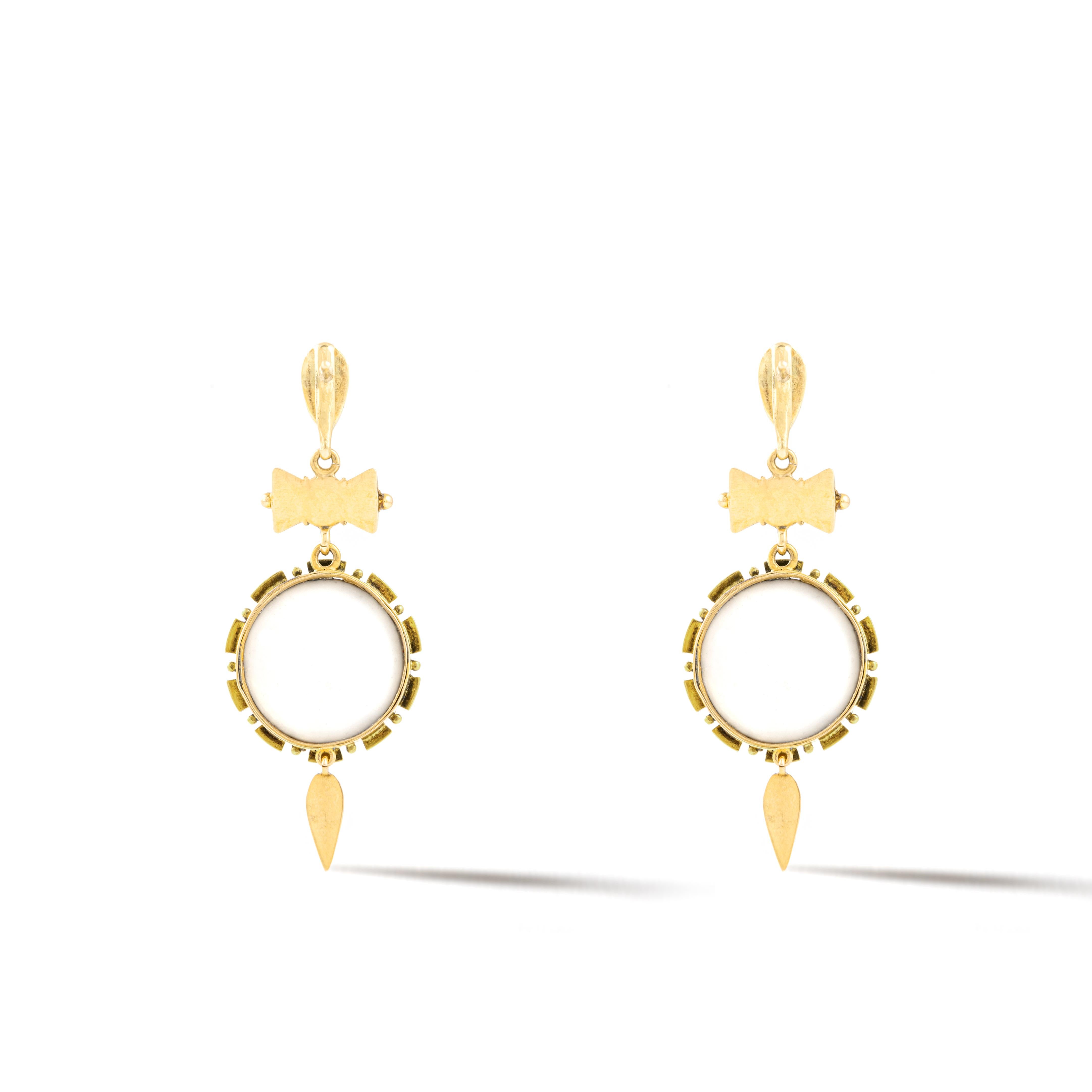 Renaissance Revival Antique Yellow Gold and Ceramic Earrings For Sale