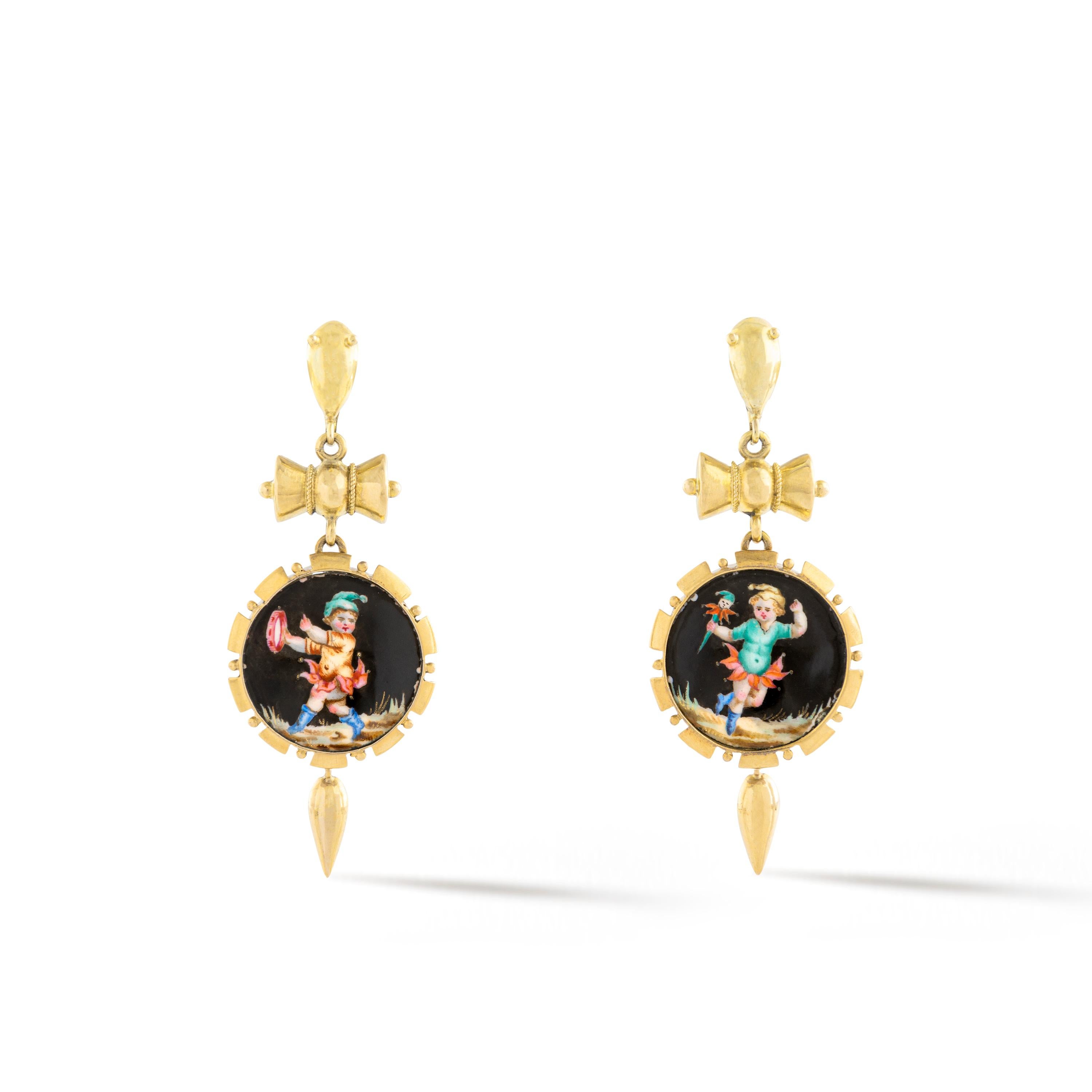 Women's Antique Yellow Gold and Ceramic Earrings For Sale