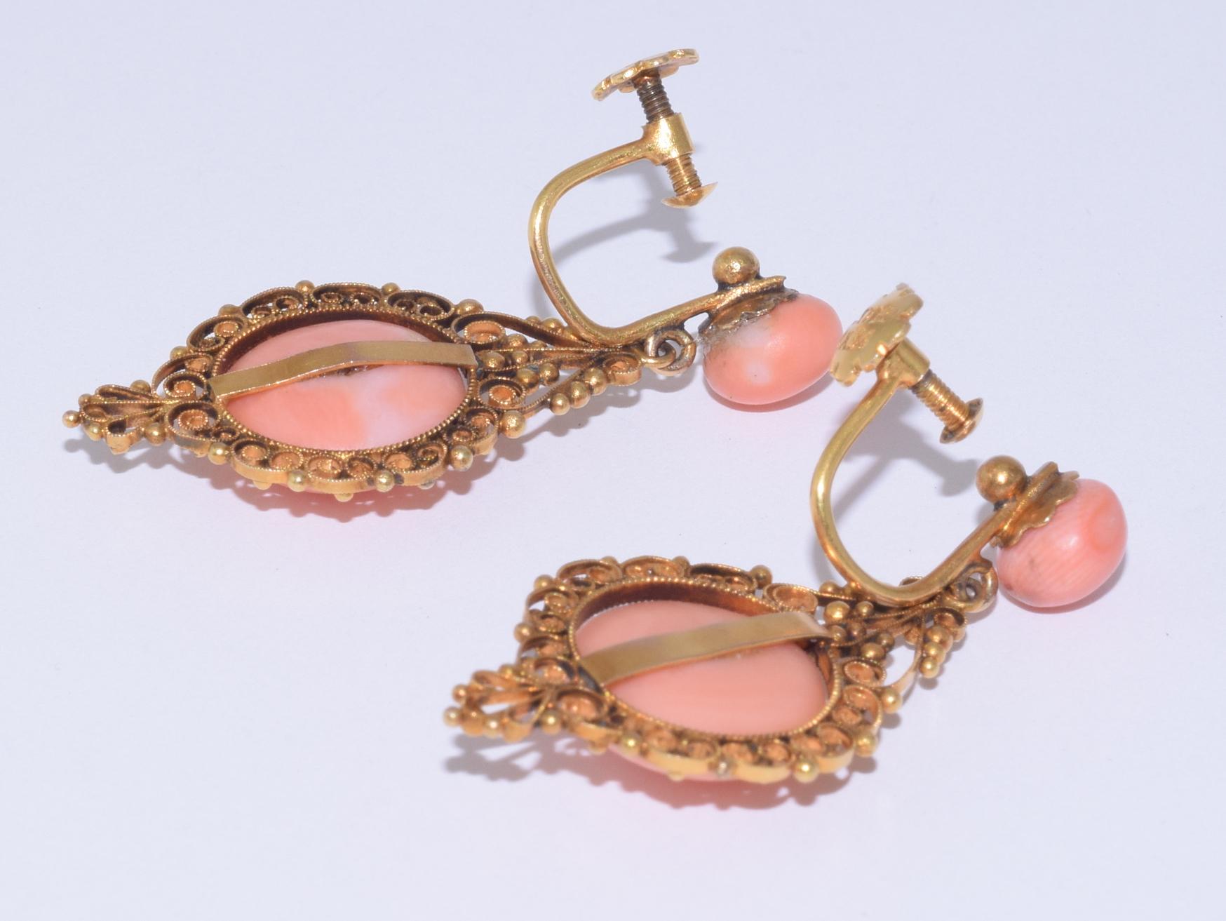 Cabochon Antique Yellow Gold and Pink Coral Cannetille Pendant Earrings