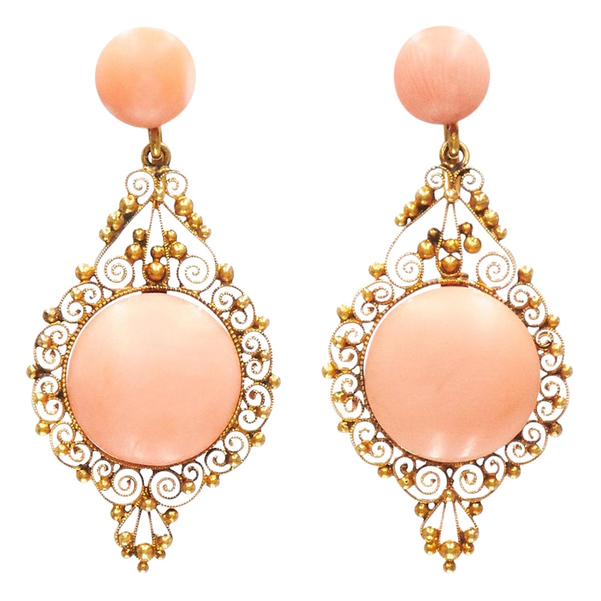 Antique Yellow Gold and Pink Coral Cannetille Pendant Earrings