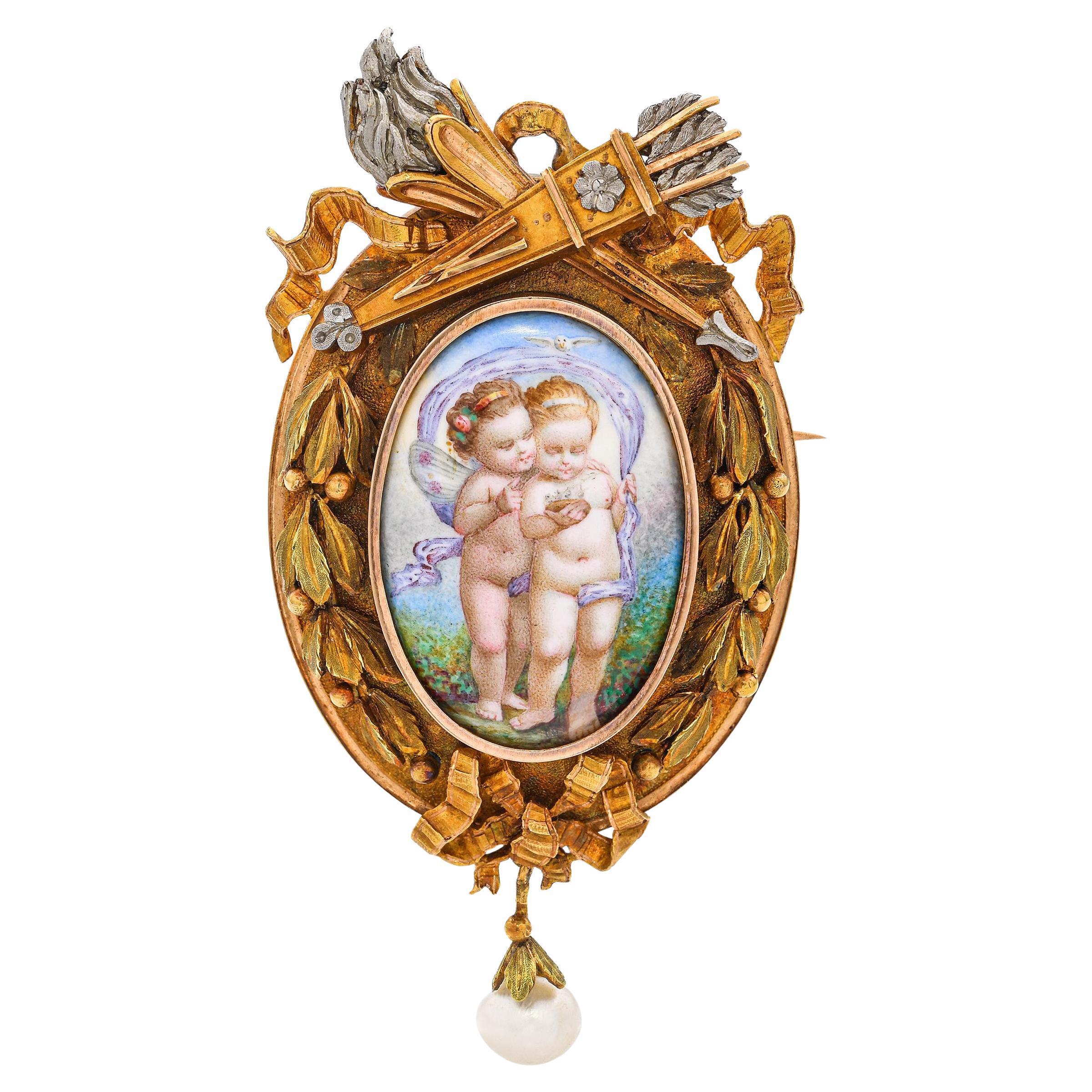Antiguo Broche de Oro Amarillo y Platino Pintado a Mano Miniatura de Querubines