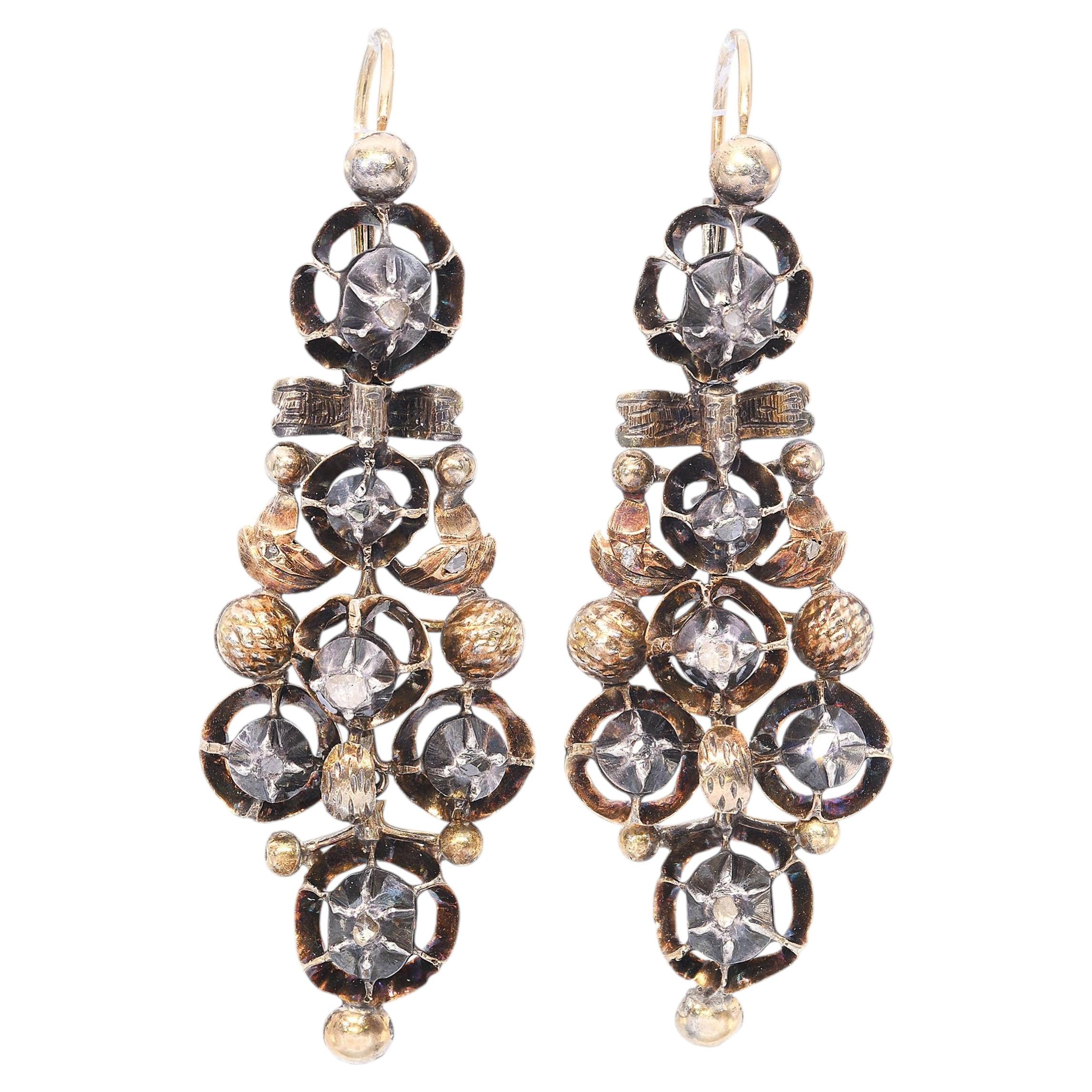 Antique Yellow Gold and Silver Georgian Rose Cut Diamond Earrings