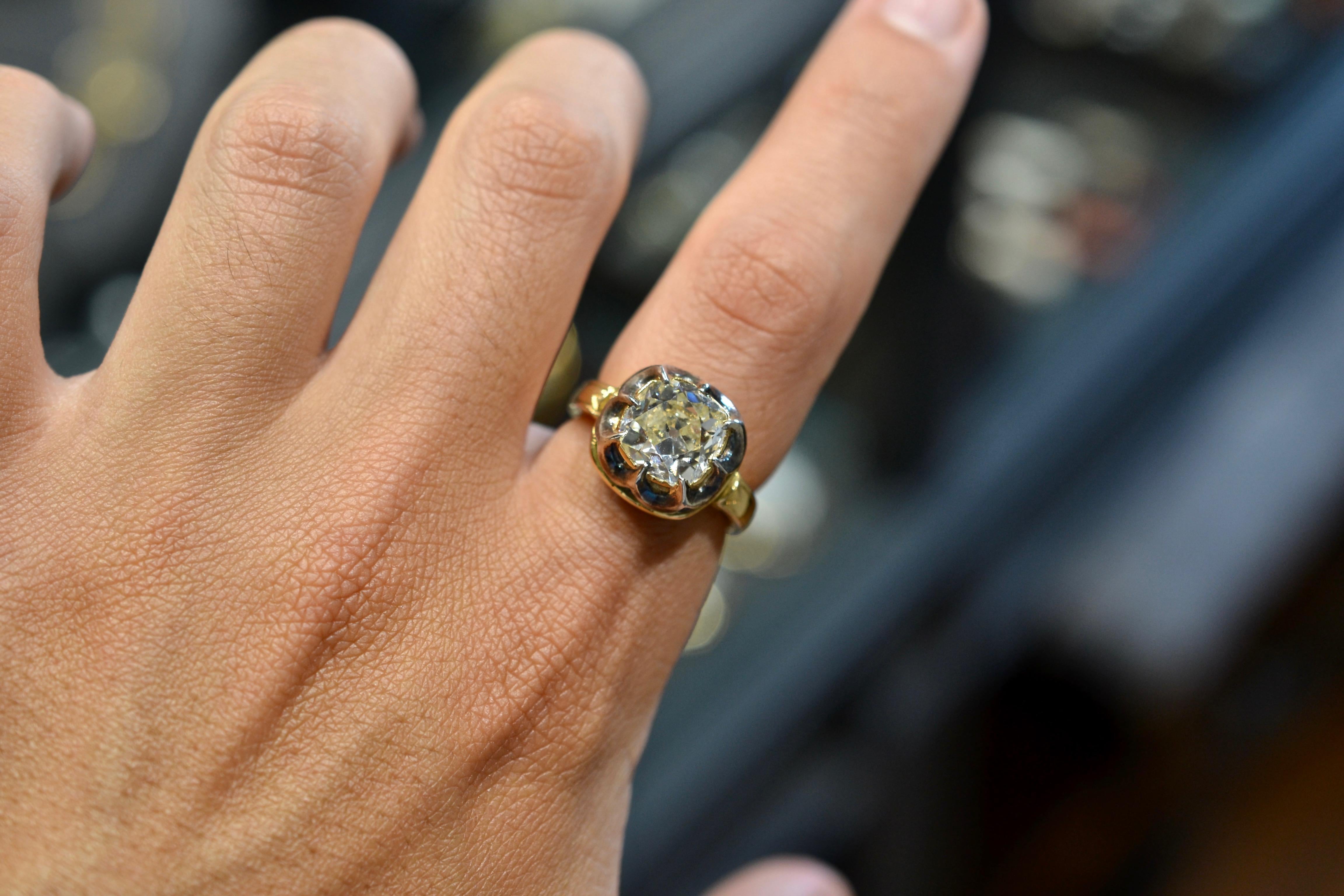 Cushion Cut Antique Yellow Gold And Silver Old Cut Diamond 4 Carat Ring For Sale