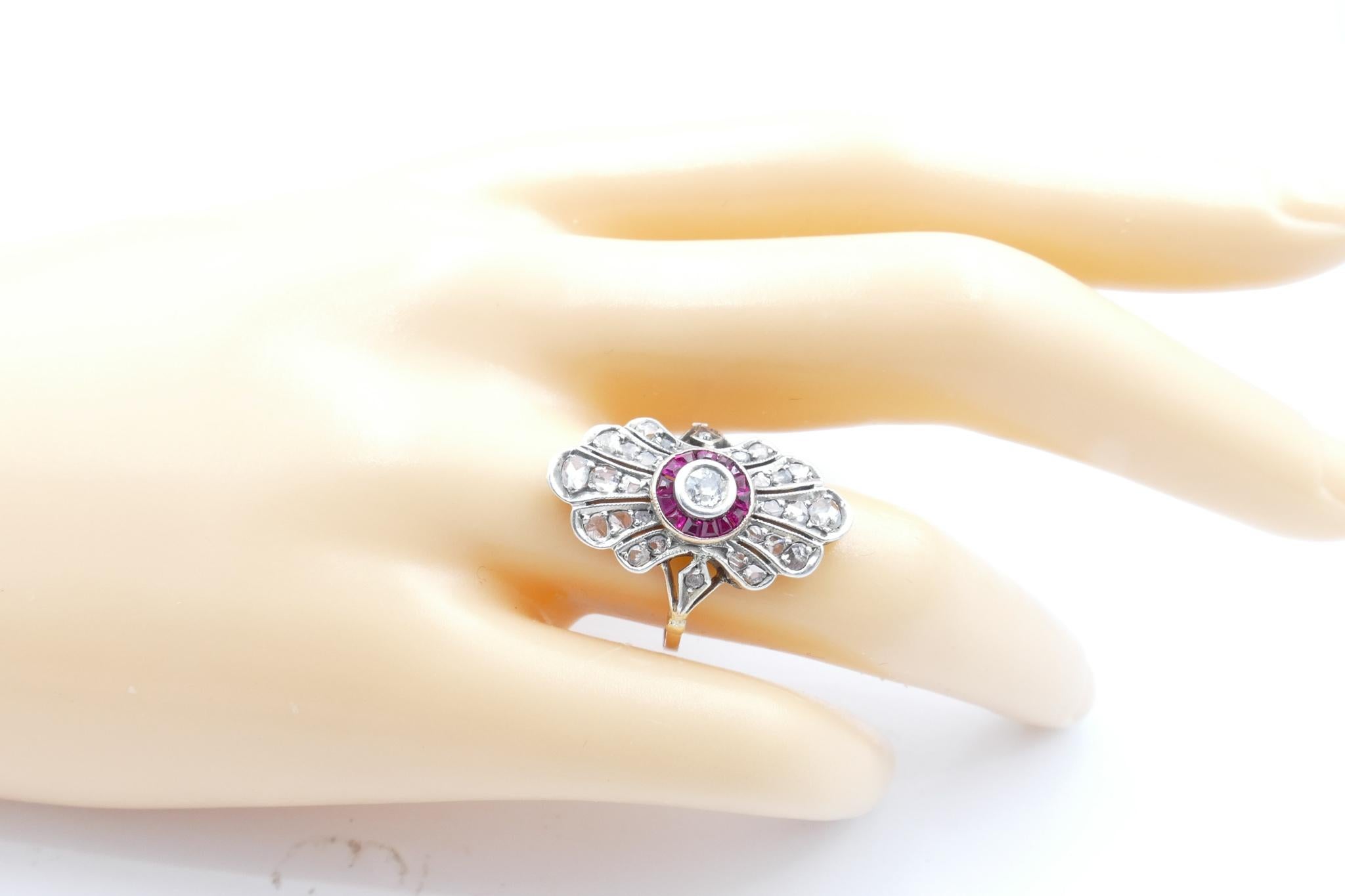 Victorian Antique Yellow Gold and Sterling Silver Ruby and Diamond Dress Ring
