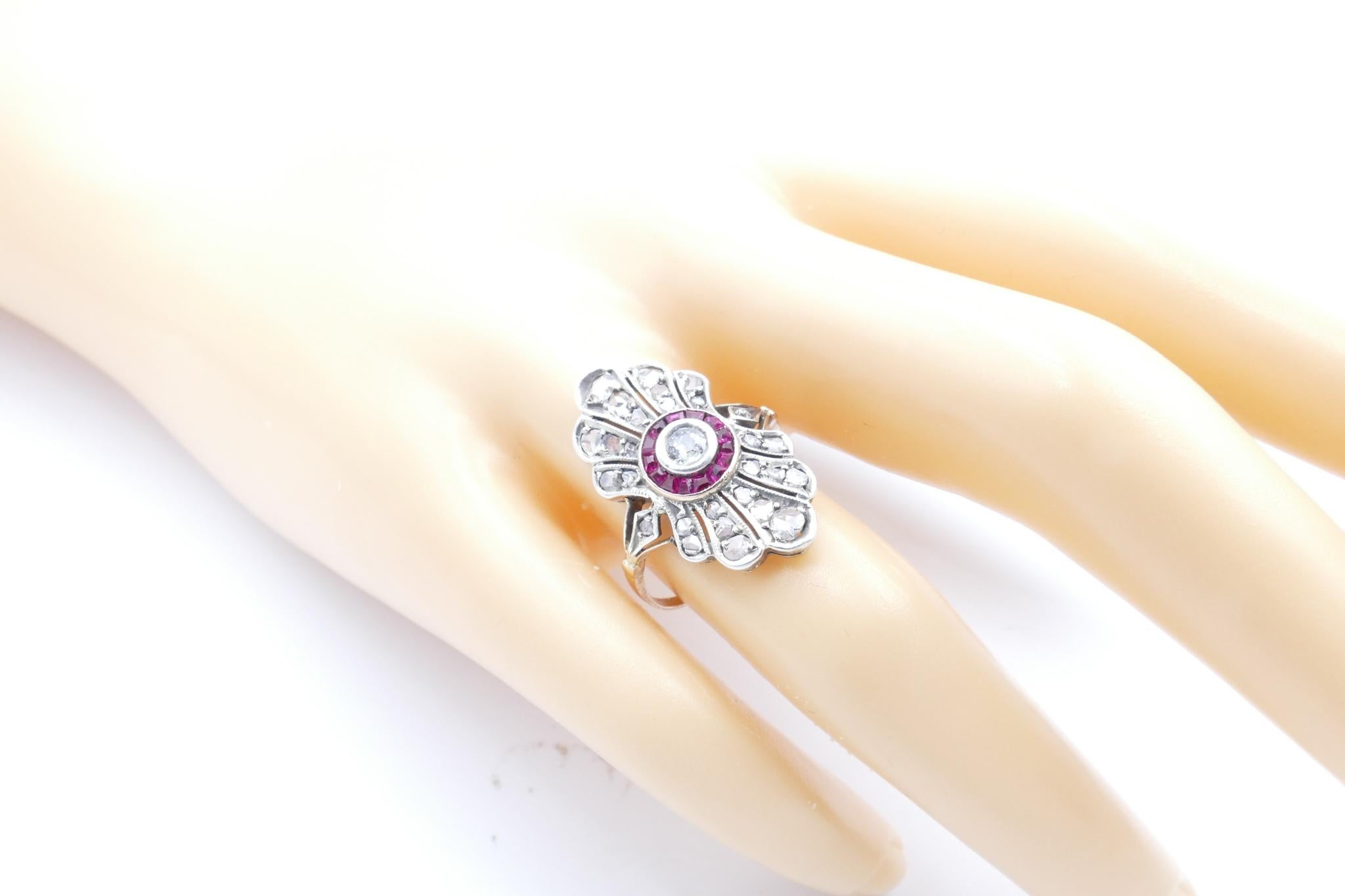 Mixed Cut Antique Yellow Gold and Sterling Silver Ruby and Diamond Dress Ring