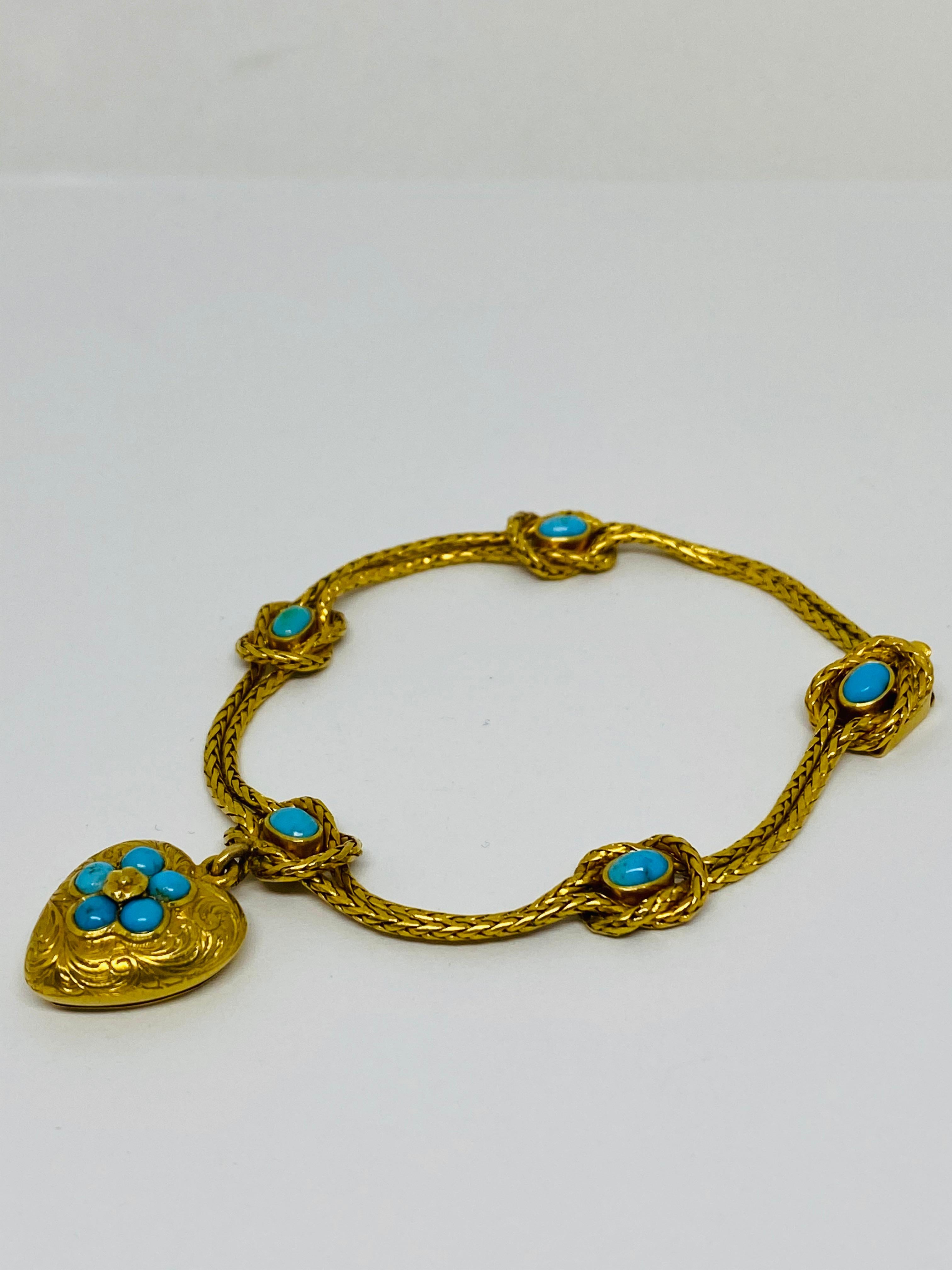 Antique Yellow Gold and Turquoise Bracelet w/ Heart Charm  2