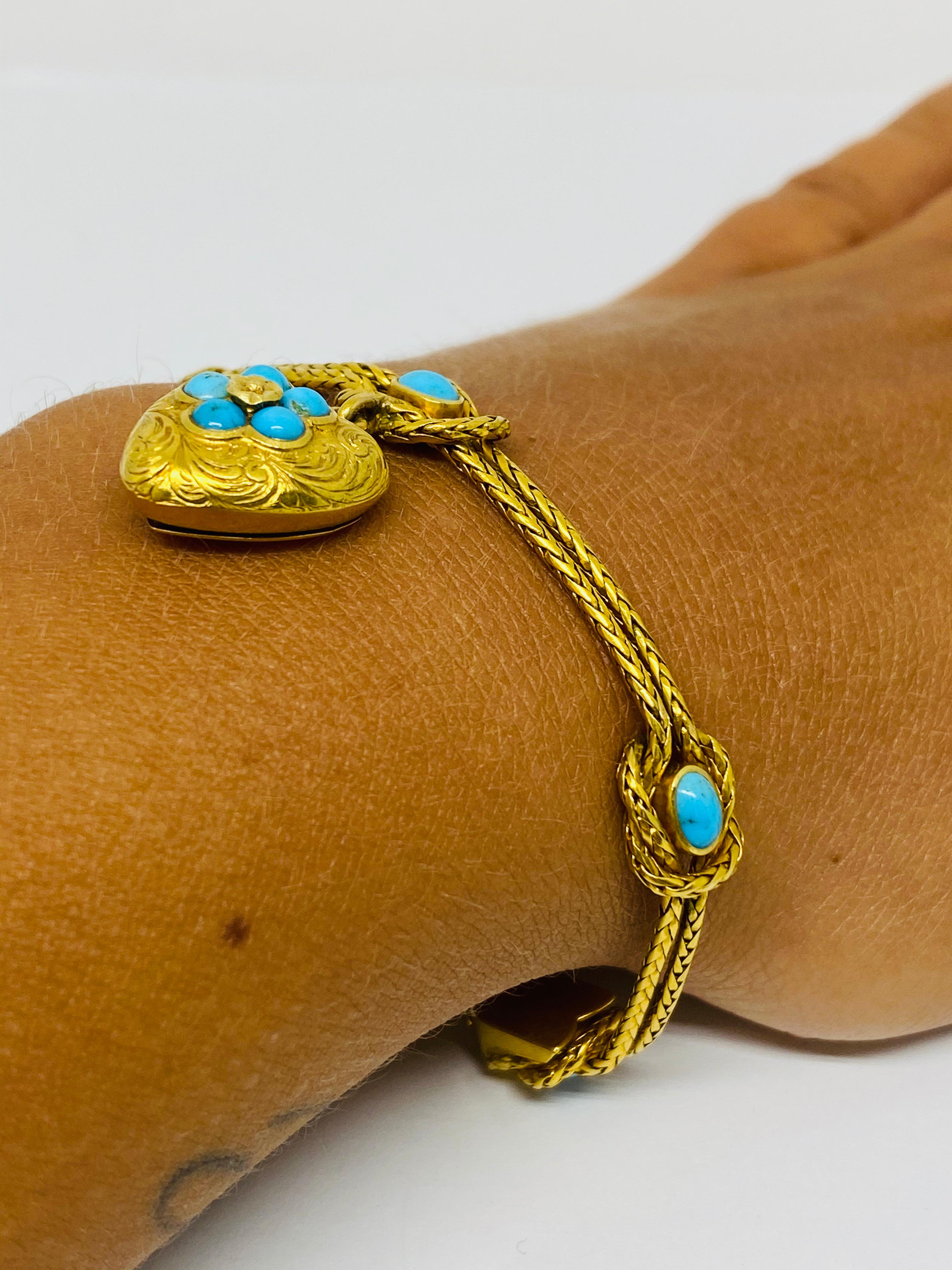 Antique Yellow Gold and Turquoise Bracelet w/ Heart Charm  6