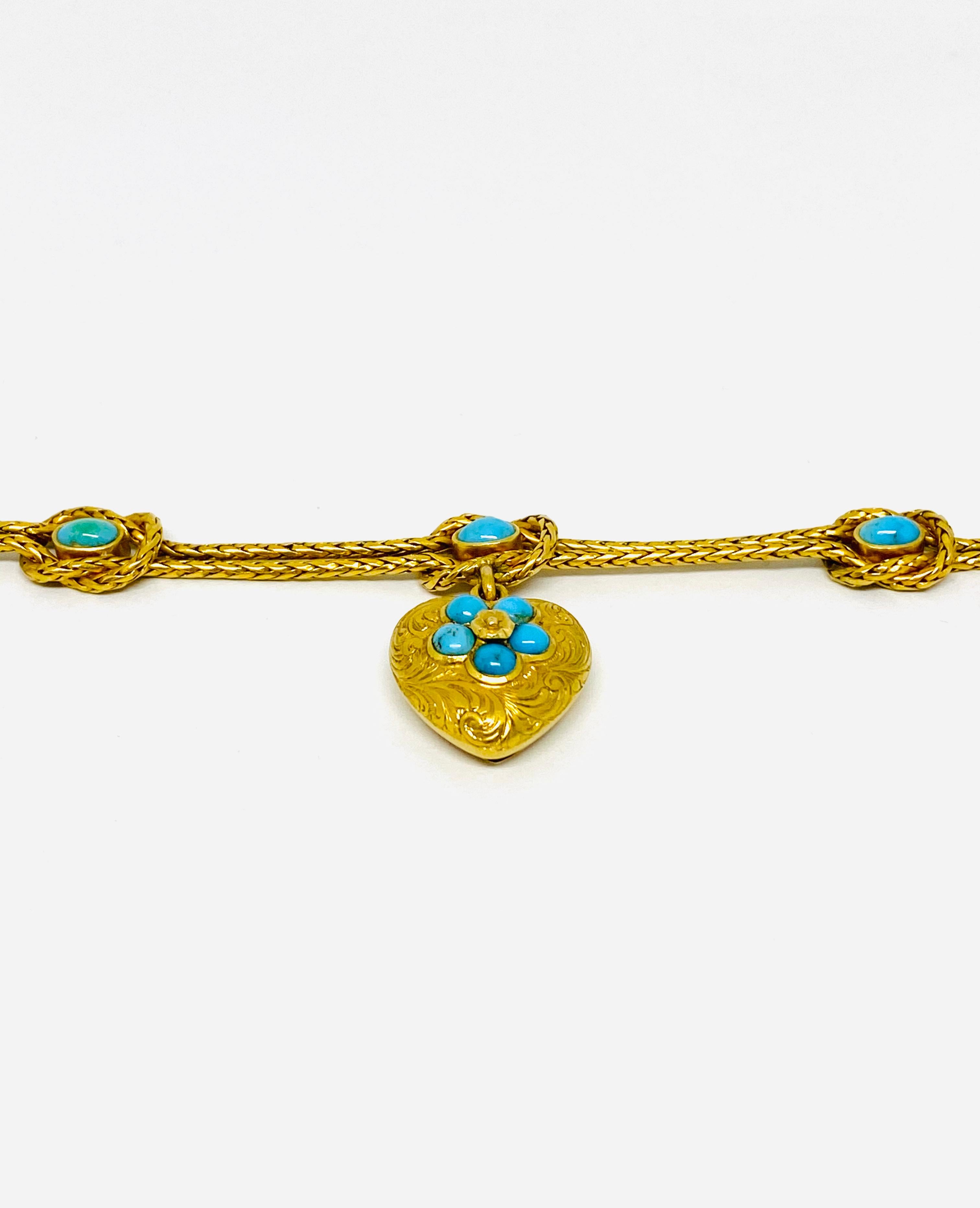 Victorian Antique Yellow Gold and Turquoise Bracelet w/ Heart Charm 