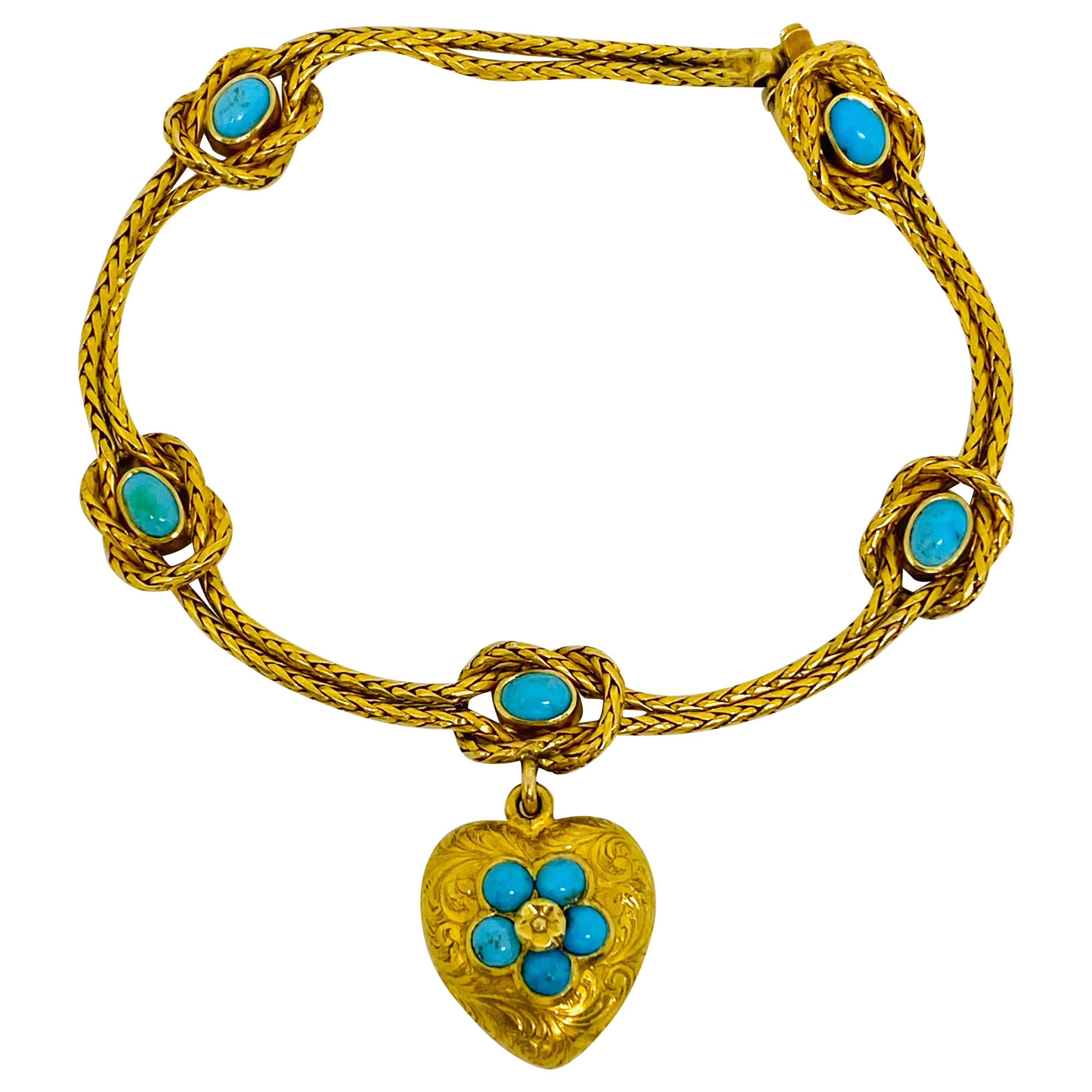 Antique Yellow Gold and Turquoise Bracelet w/ Heart Charm 