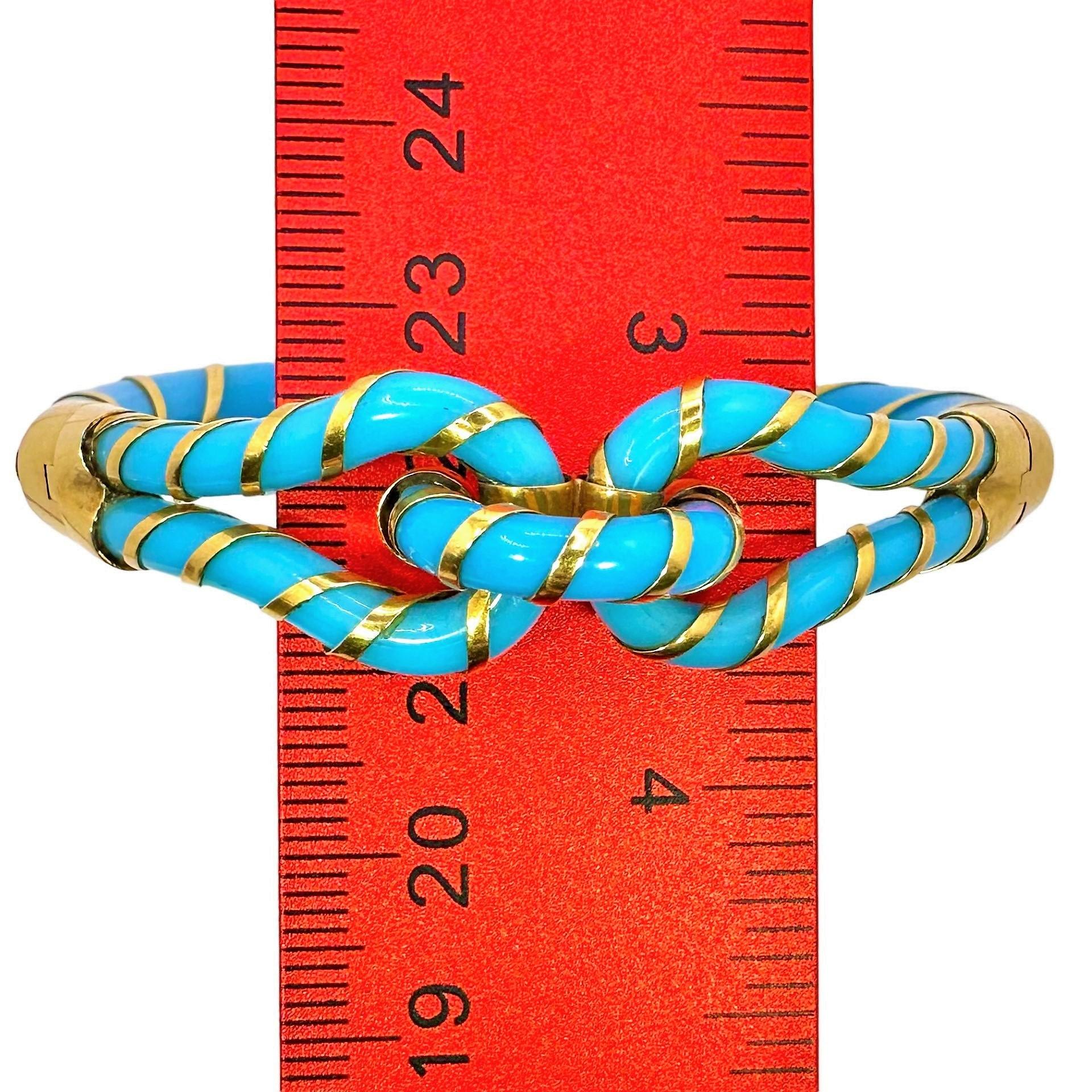 Antique Yellow Gold and Turquoise Color Glass Knot Bracelet For Sale 3