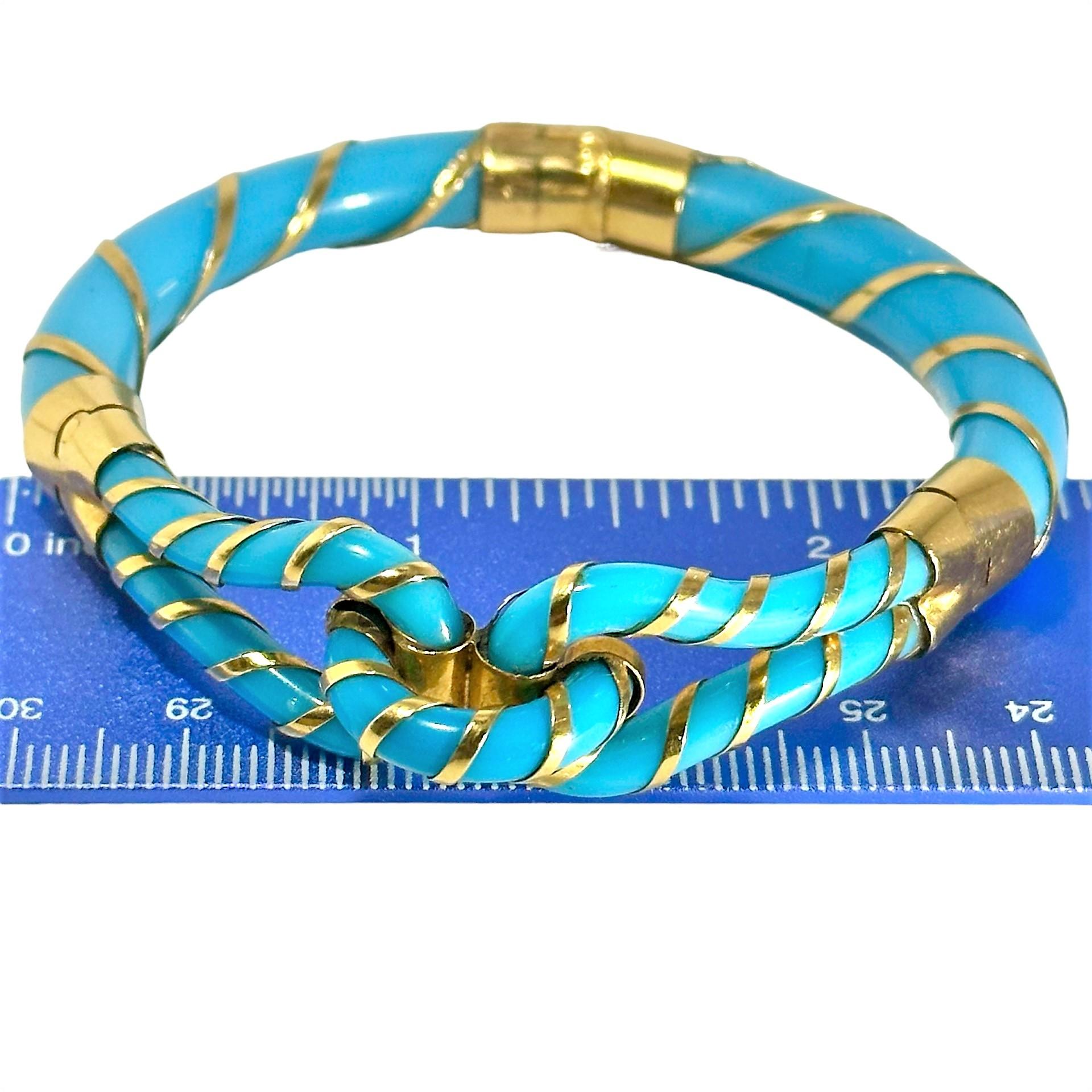 Antique Yellow Gold and Turquoise Color Glass Knot Bracelet For Sale 4