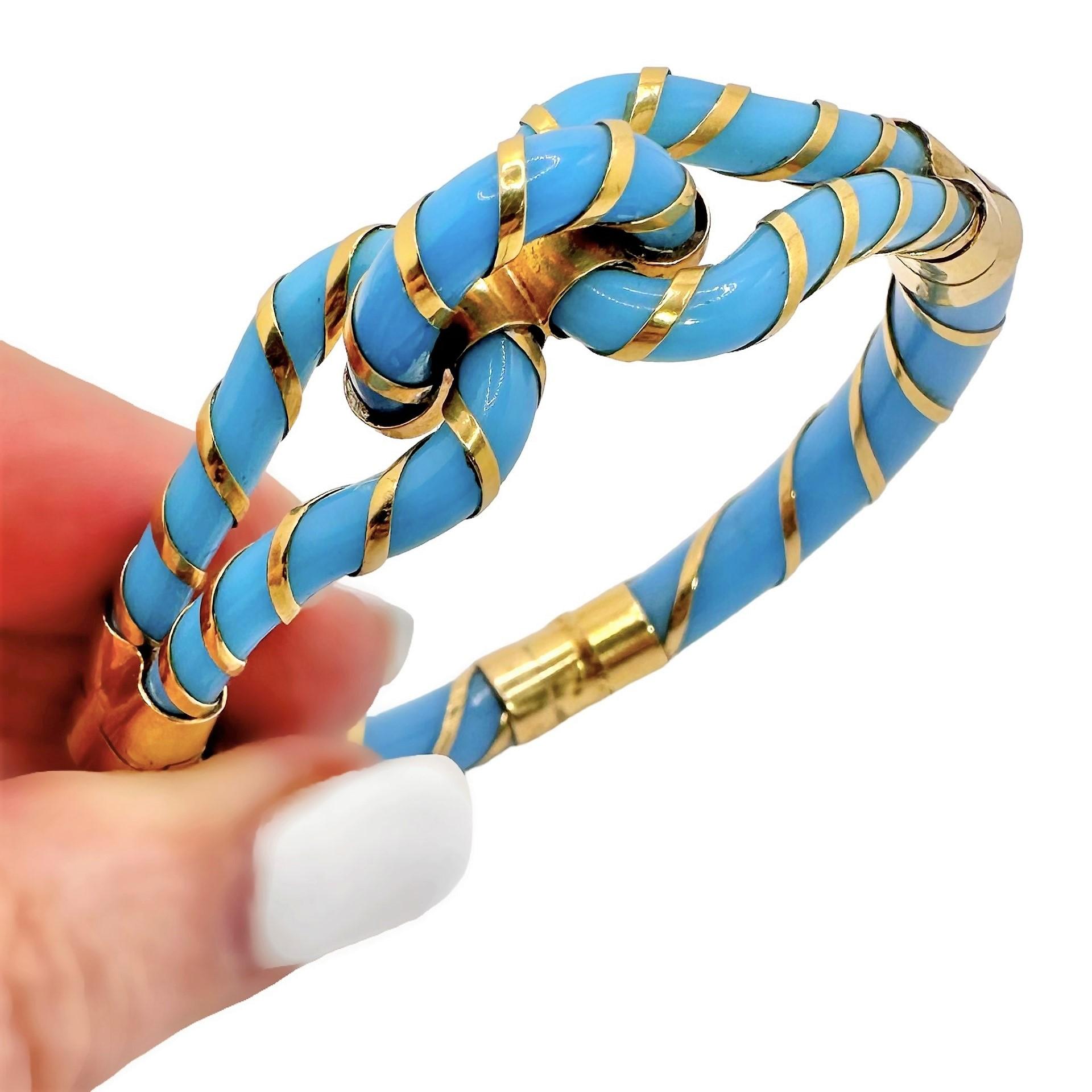 Antique Yellow Gold and Turquoise Color Glass Knot Bracelet For Sale 5