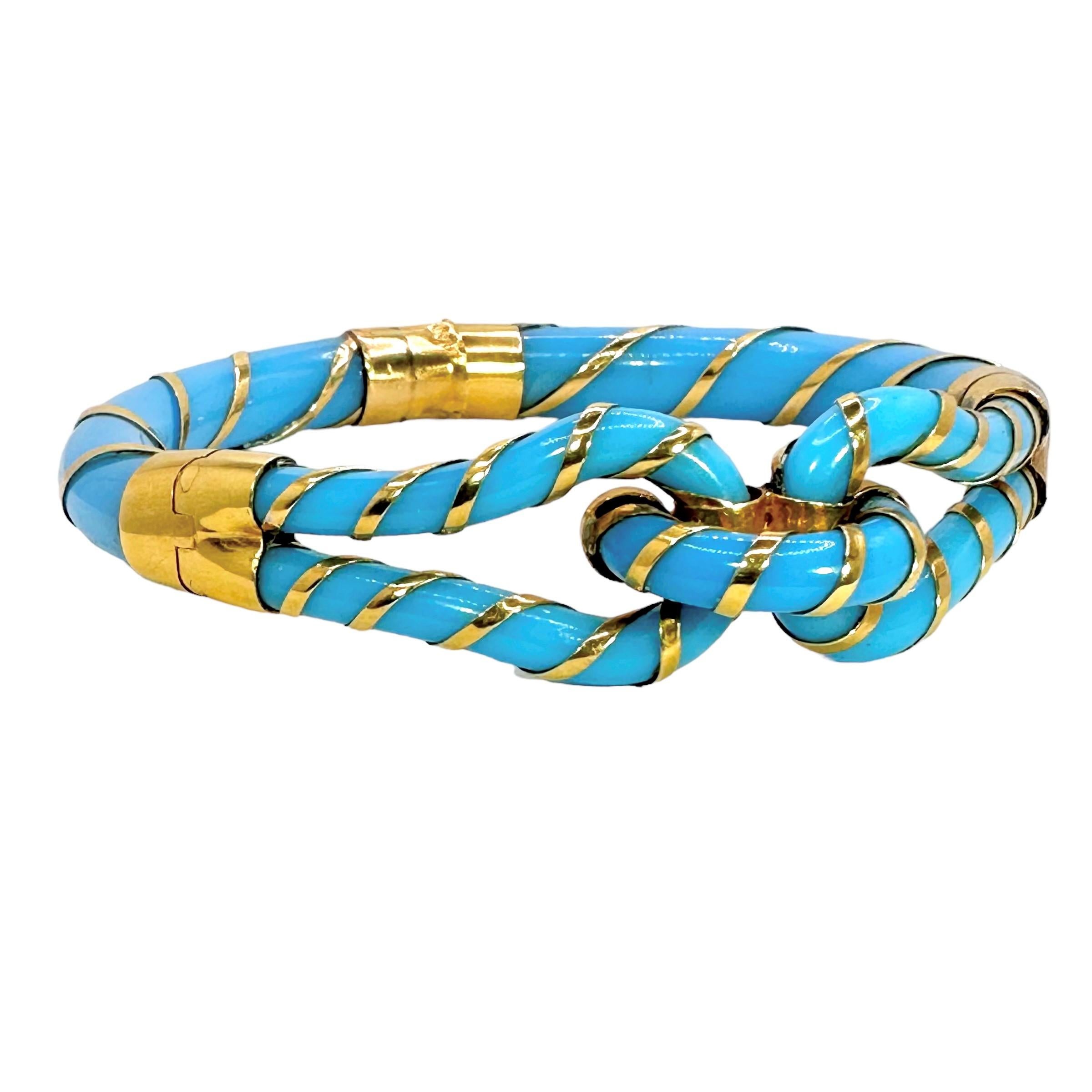 Women's or Men's Antique Yellow Gold and Turquoise Color Glass Knot Bracelet For Sale