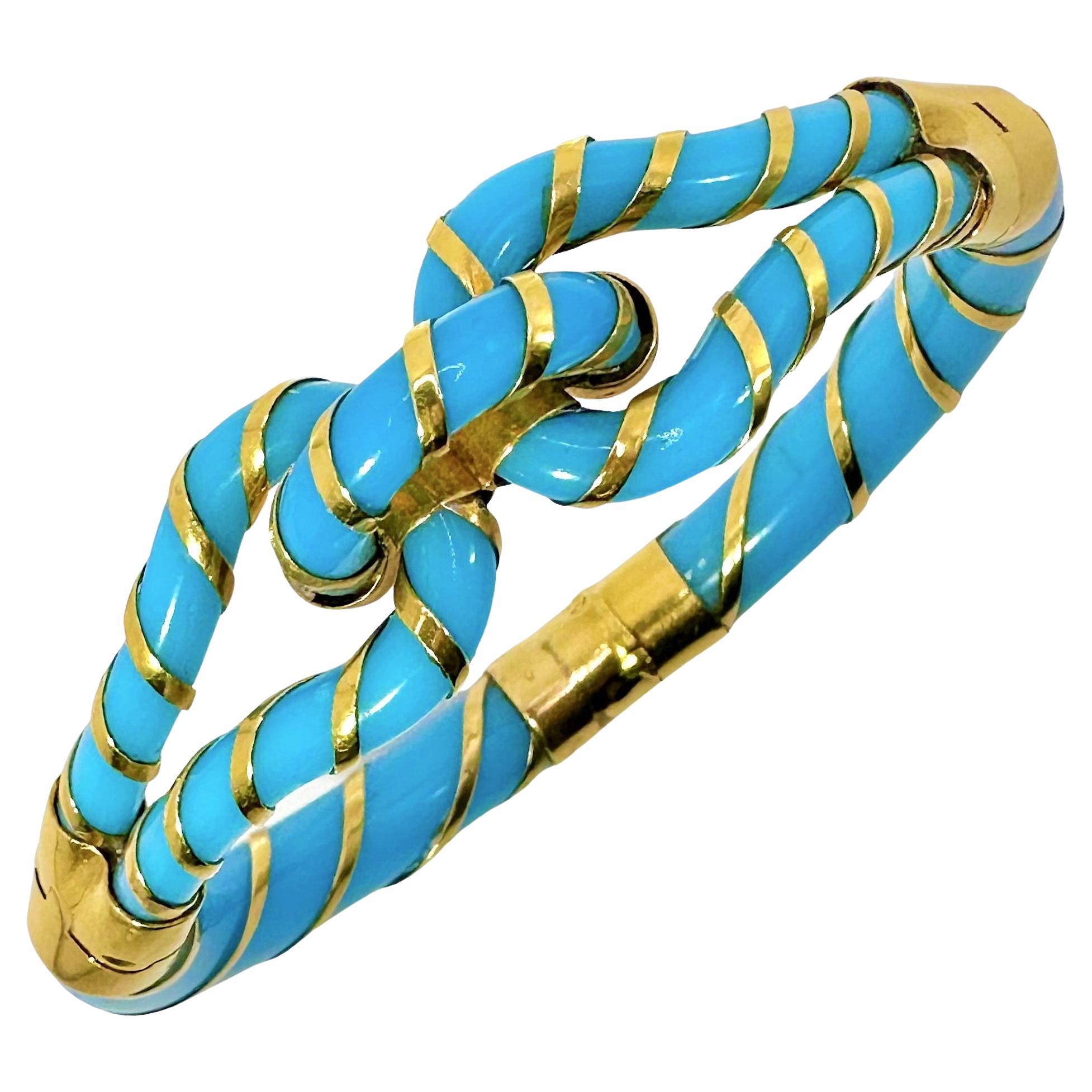 Antique Yellow Gold and Turquoise Color Glass Knot Bracelet For Sale