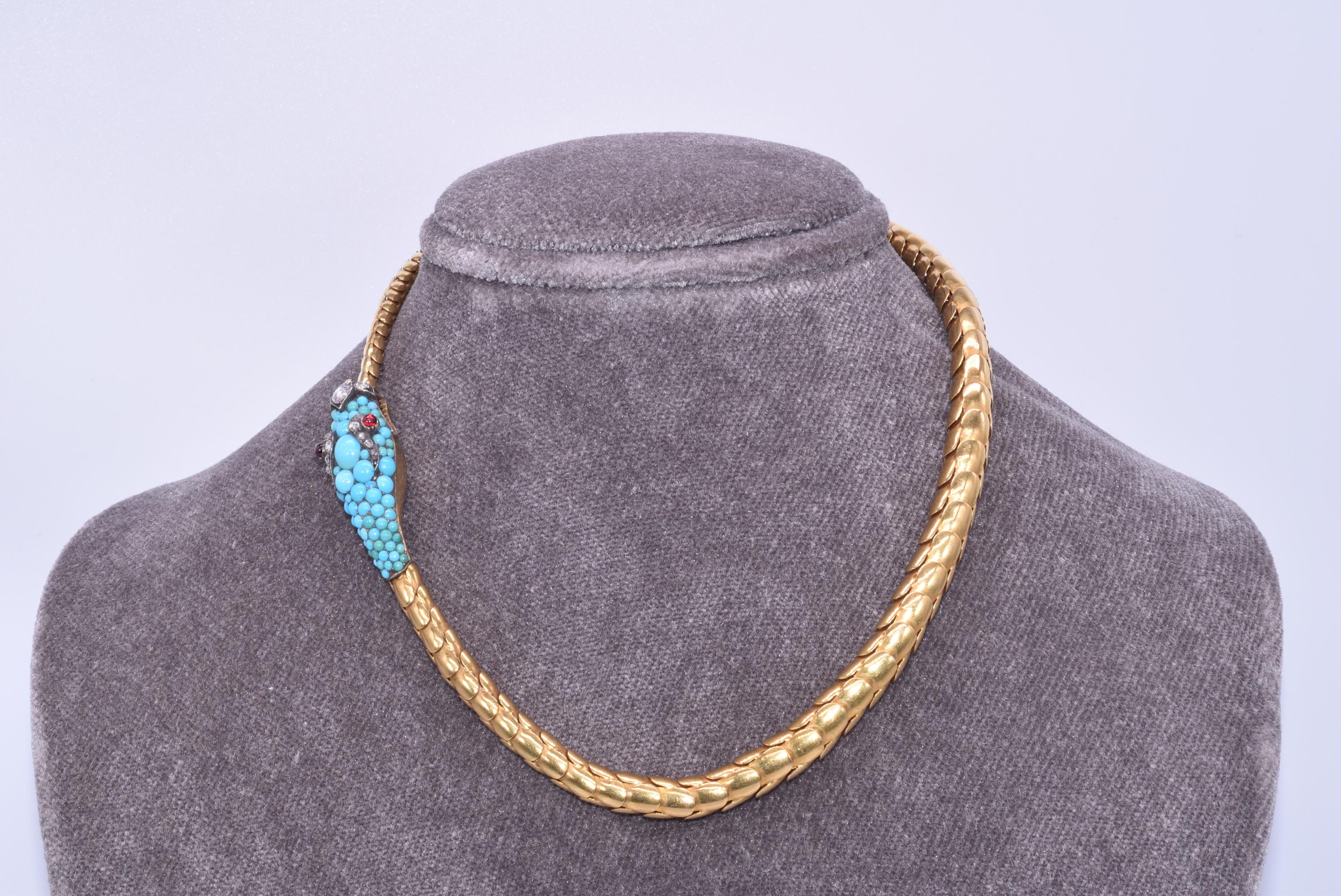 Victorian Convertible Antique Yellow Gold and Turquoise Snake Necklace, circa 1870s