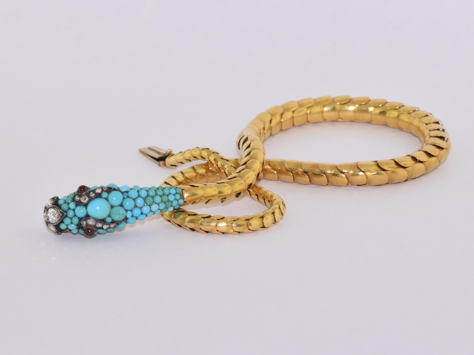 Rose Cut Convertible Antique Yellow Gold and Turquoise Snake Necklace, circa 1870s