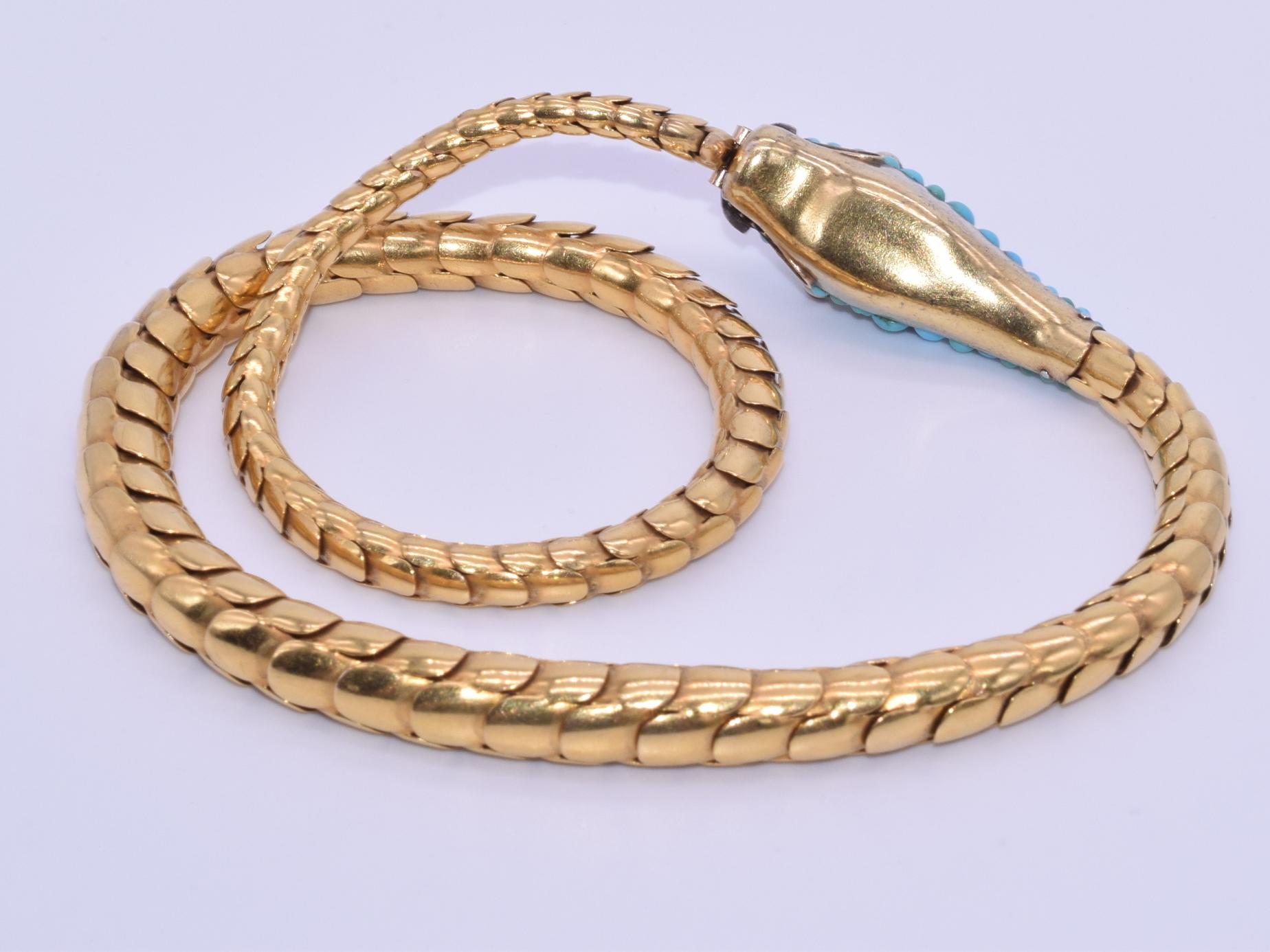 Convertible Antique Yellow Gold and Turquoise Snake Necklace, circa 1870s In Good Condition In New York, NY