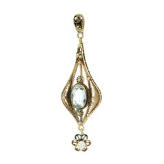 Antique Yellow Gold Aquamarine Diamond Dangle Filigree Lavalier Pendant