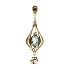 Antique Yellow Gold Aquamarine Diamond Dangle Filigree Lavalier Pendant