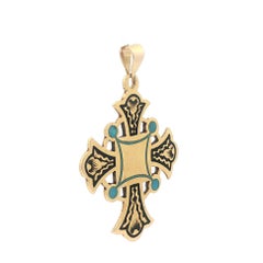 Antique Yellow Gold Black & Blue Enamel Old World Orthodox Cross Pendant