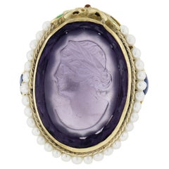 Antique Yellow Gold Carved Oval Amethyst Solitaire 
Pearl Halo Enamel Work Ring