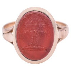Antique Yellow Gold Carved Tree Carnelian Intaglio Signet Ring