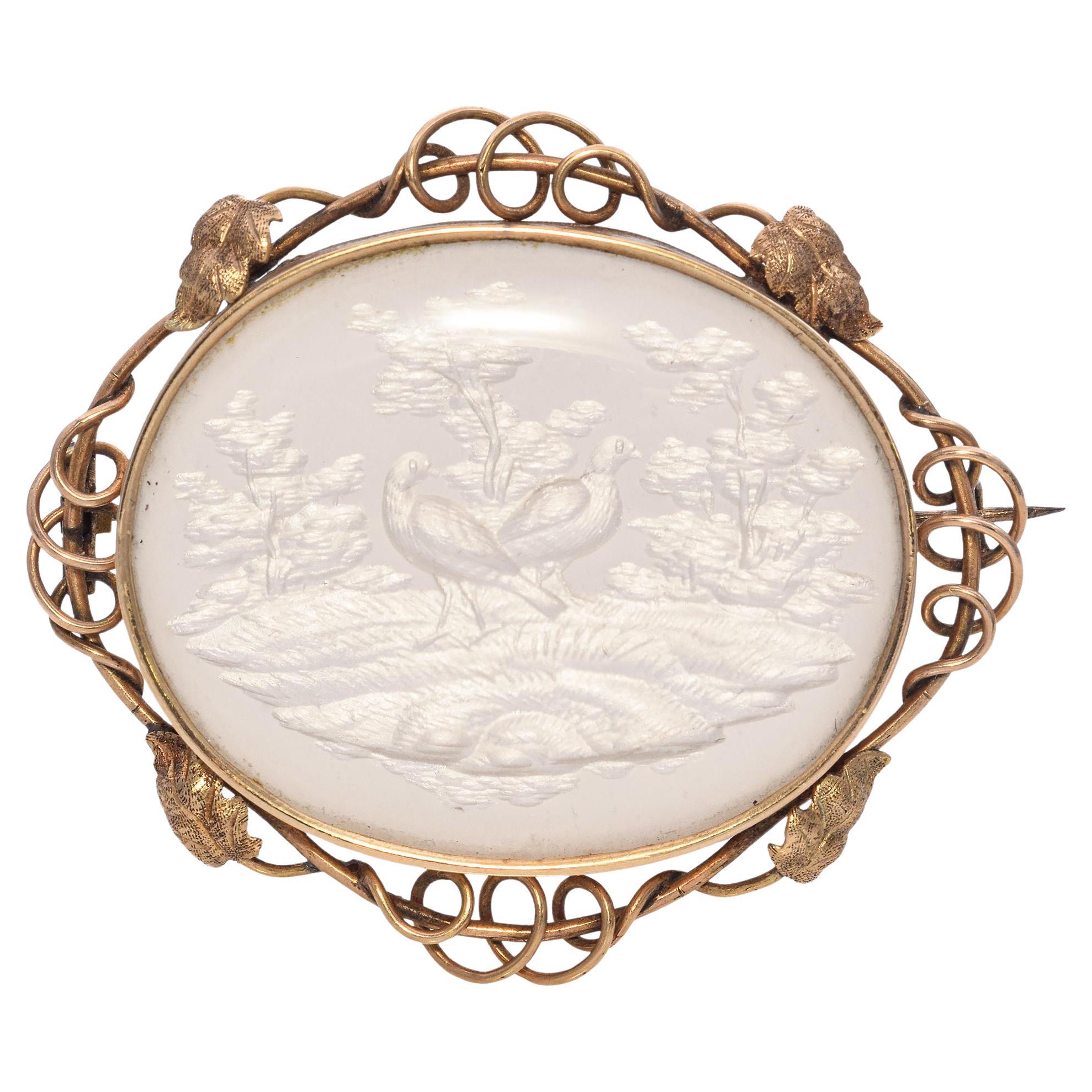 Antique Yellow Gold Carved Two Birds Essex Filigree Crystal Brooch Pin