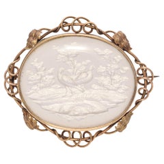 Antique Yellow Gold Carved Two Birds Essex Filigree Crystal Brooch Pin