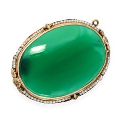 Antique Yellow Gold Chrysoprase and Seed Pearl Brooch
