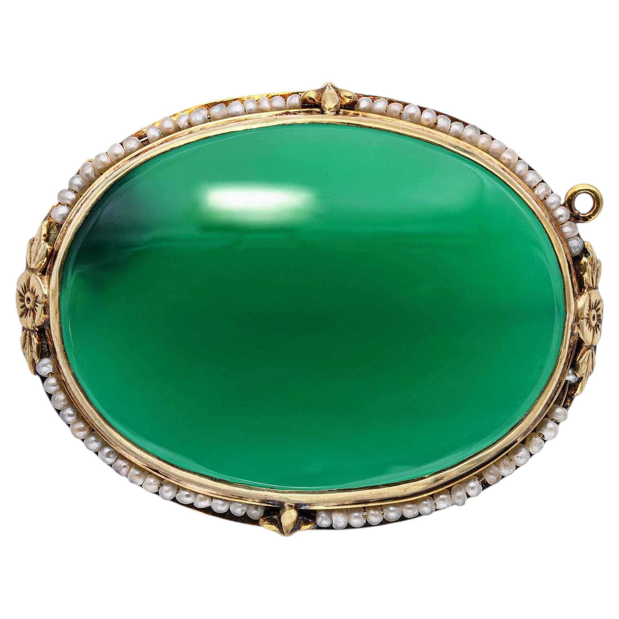 Antique Yellow Gold Chrysoprase and Seed Pearl Brooch
