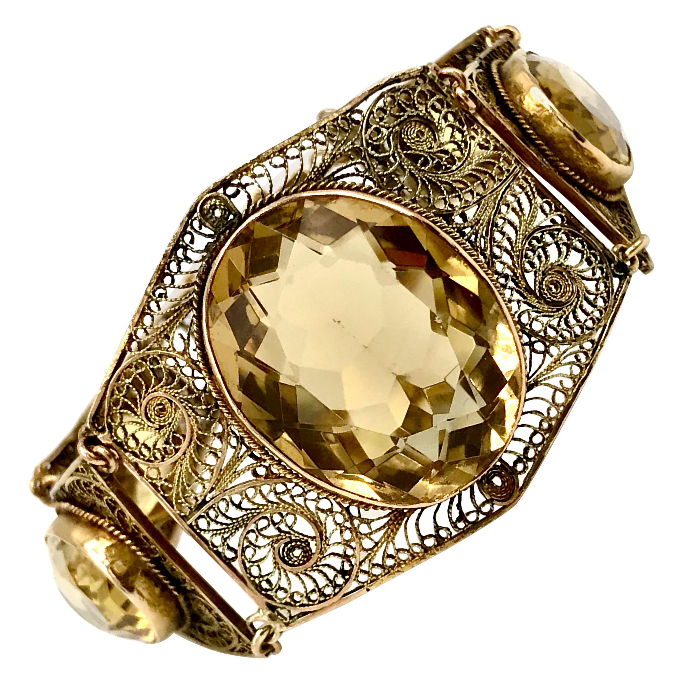 Antique Yellow Gold Citrine Filigree Bangle Bracelet For Sale