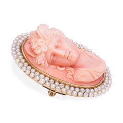 Antique Yellow Gold Coral Cameo and Pearl Pendant Brooch