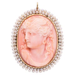 Antique Yellow Gold Coral Cameo and Pearl Pendant Brooch
