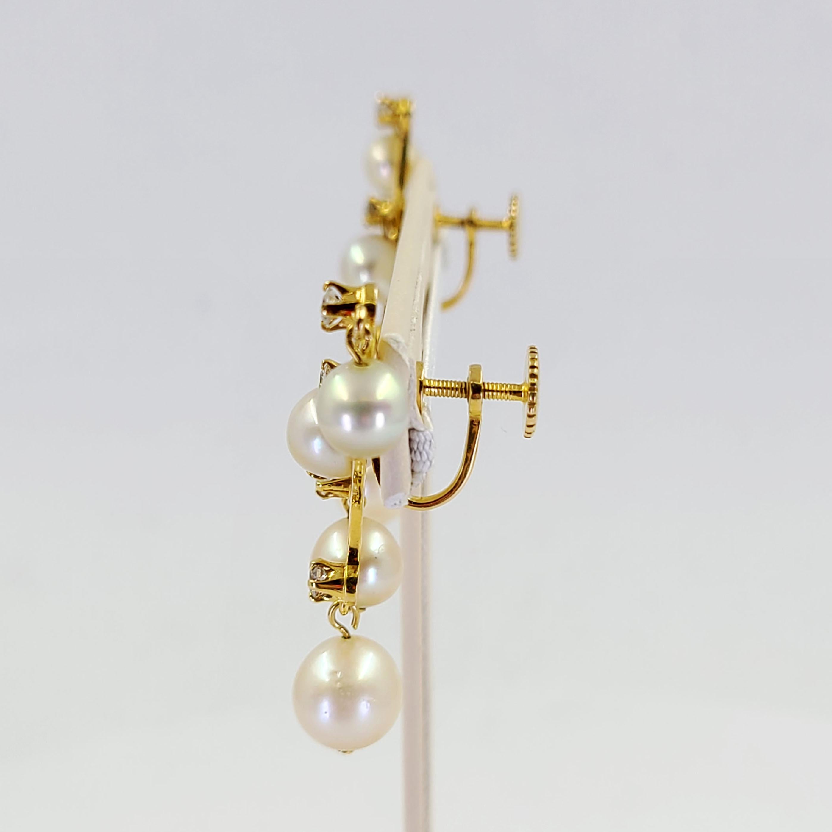 Round Cut Antique Yellow Gold Cultured Pearl Branch Drop Earrings For Sale