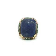 Antique Yellow Gold Cushion Lapis w/ Green Red & Blue Enamel Work Ring