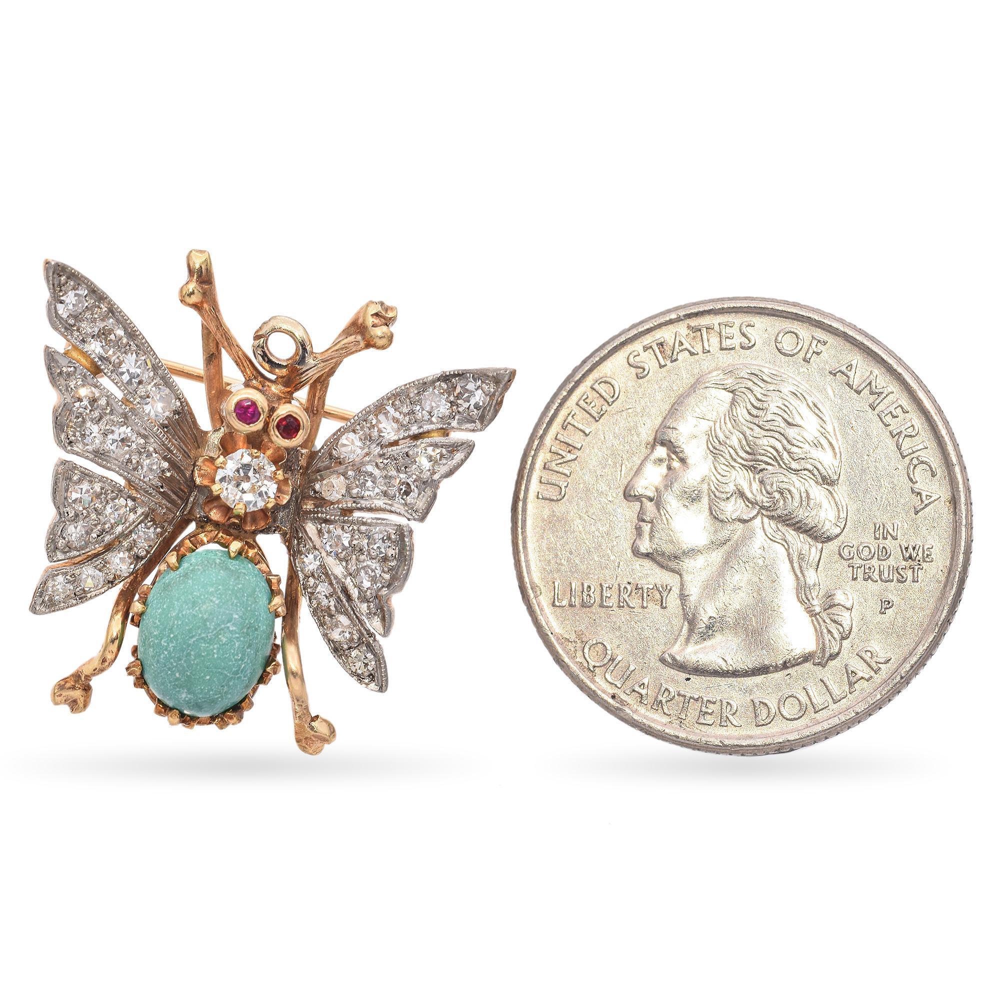 Crafted in gold, this exquisite piece features intricately designed wings adorned with sparkling diamonds.
The body showcases an aged turquoise stone, adding a pop of color.
Two ruby eyes bring a touch of vivid contrast, enhancing the brooch's