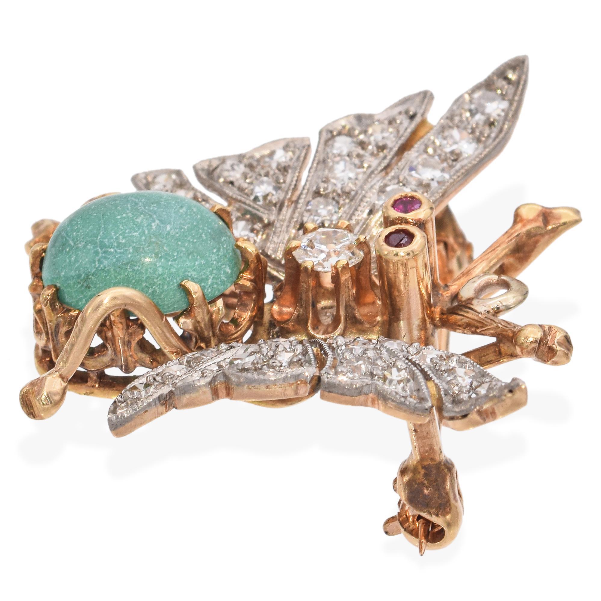 Late Victorian Antique Yellow Gold Diamond and Turquoise Butterfly Pin For Sale