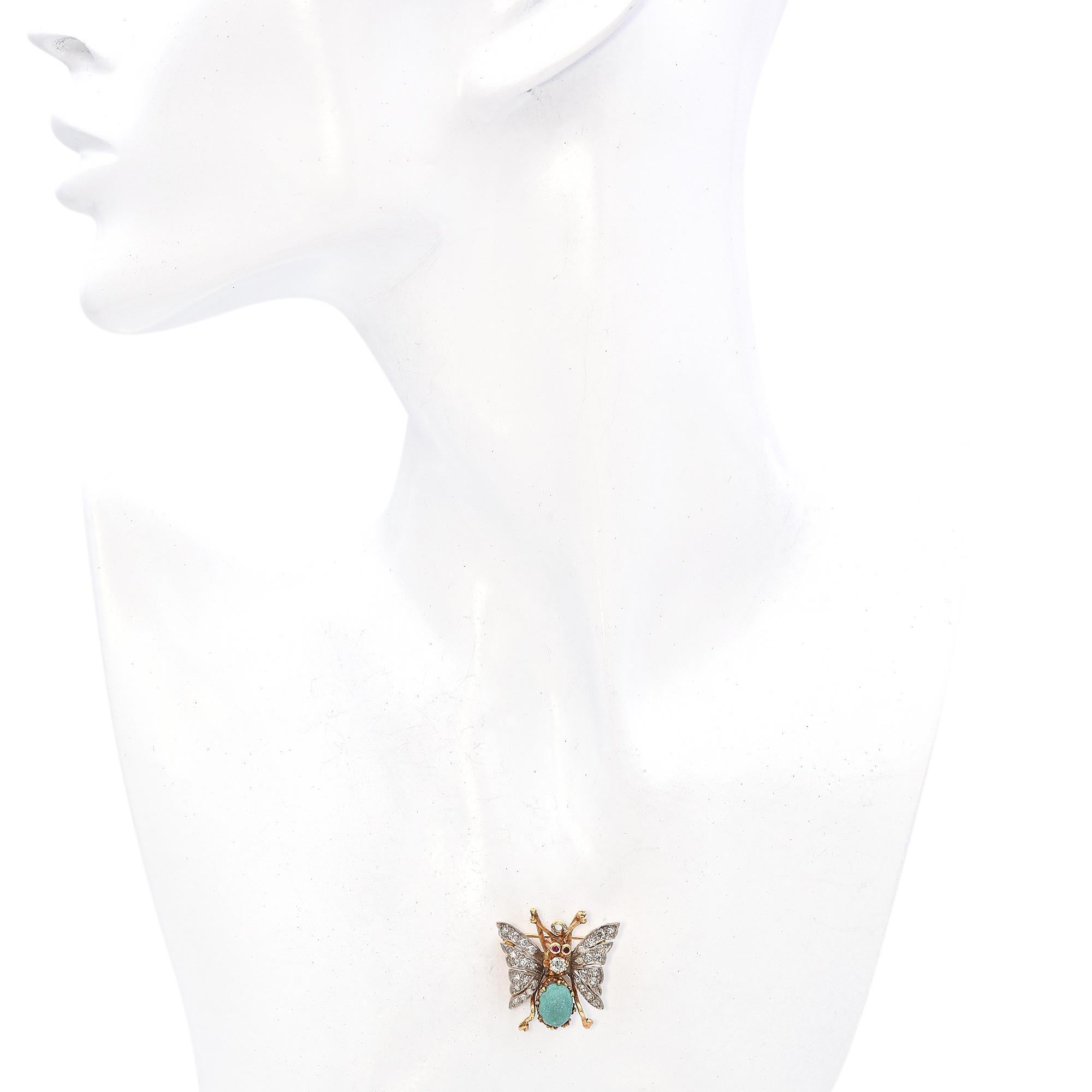 Women's Antique Yellow Gold Diamond and Turquoise Butterfly Pin For Sale