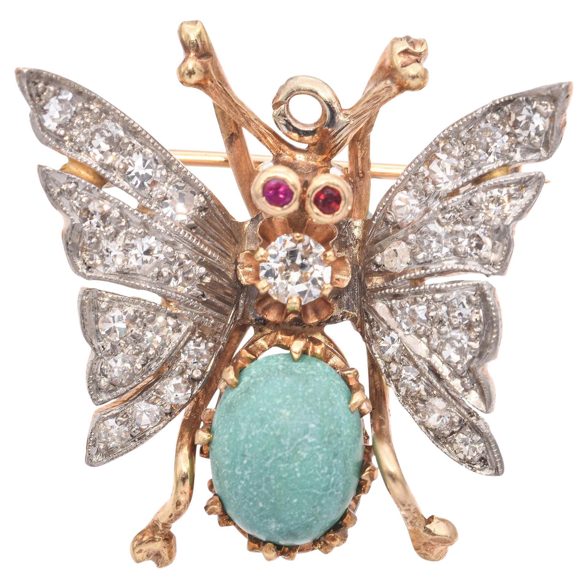 Antique Yellow Gold Diamond and Turquoise Butterfly Pin For Sale
