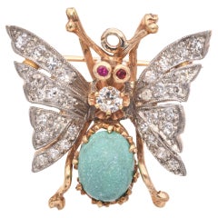 Antique Yellow Gold Diamond and Turquoise Butterfly Pin