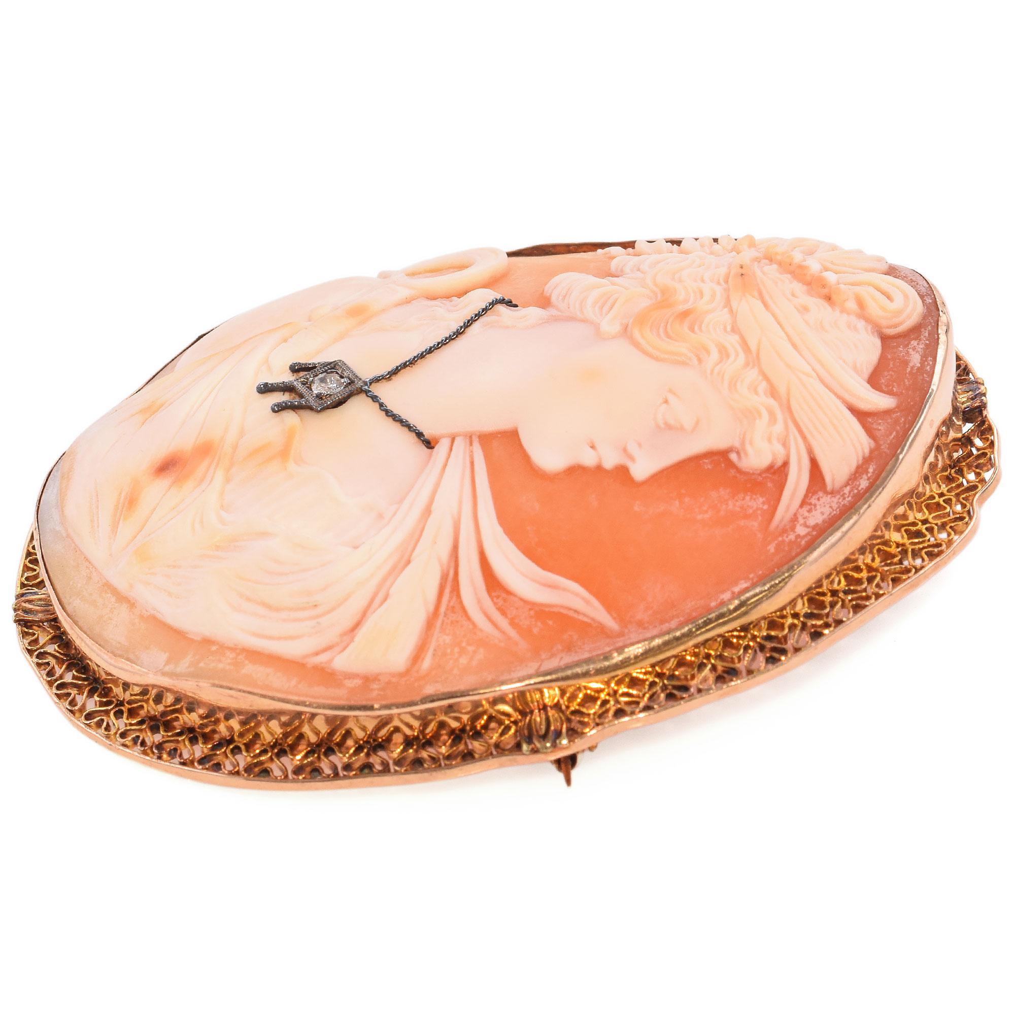 Una spilla finemente lavorata con un cammeo intricato, incastonato in una cornice in oro giallo. Il design presenta un profilo classico ornato da una delicata collana che mette in risalto un diamante bianco. L'opera è curata nei minimi dettagli e